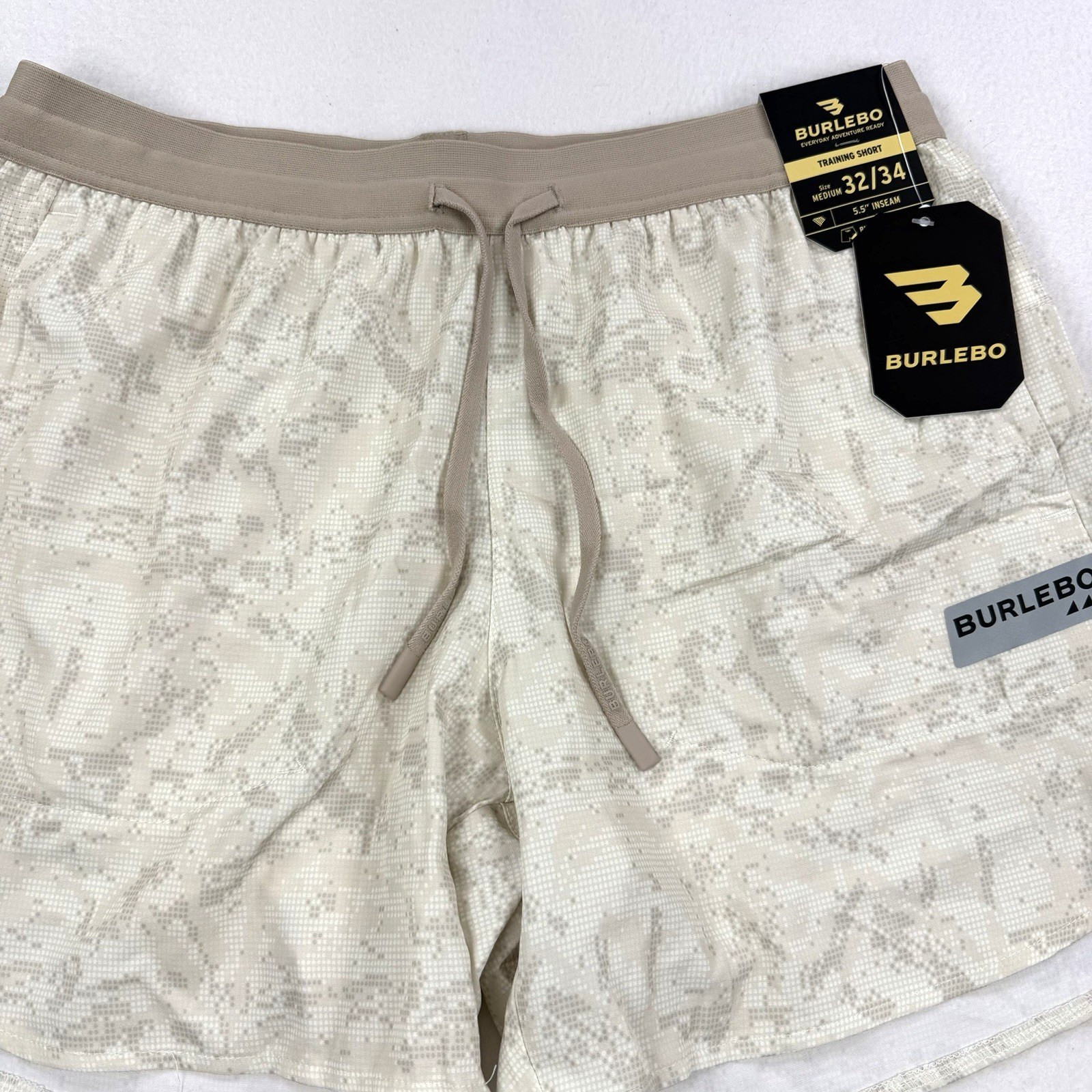 NWT Mens Burlebo Training Shorts Digi Camo Ivory Performance Stretch Size Med