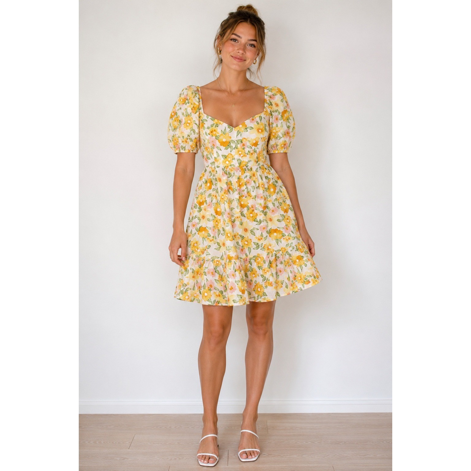 &Merci Floral Puff Sleeve Cottagecore Dress Women’s Medium Sweetheart Neck