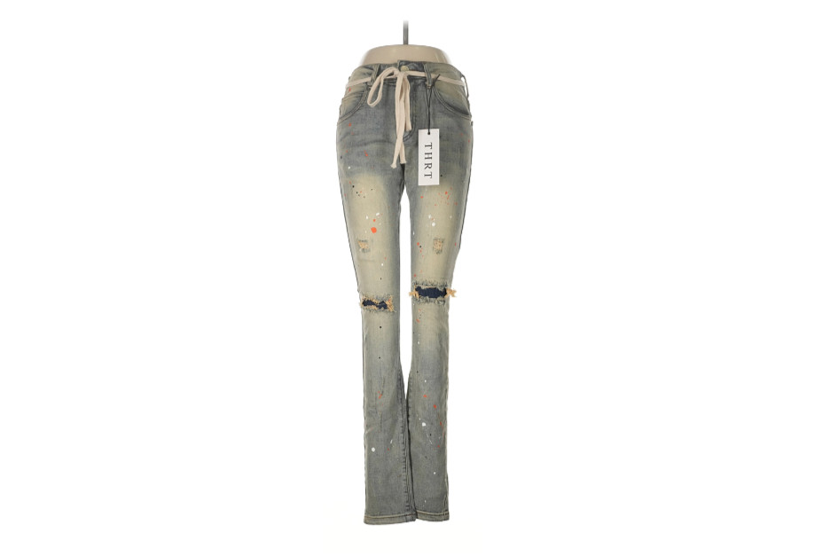 THRT Citrus Denim Jean Men 28 Blue Paint Splatter Slim Leg Distressed Drawstring
