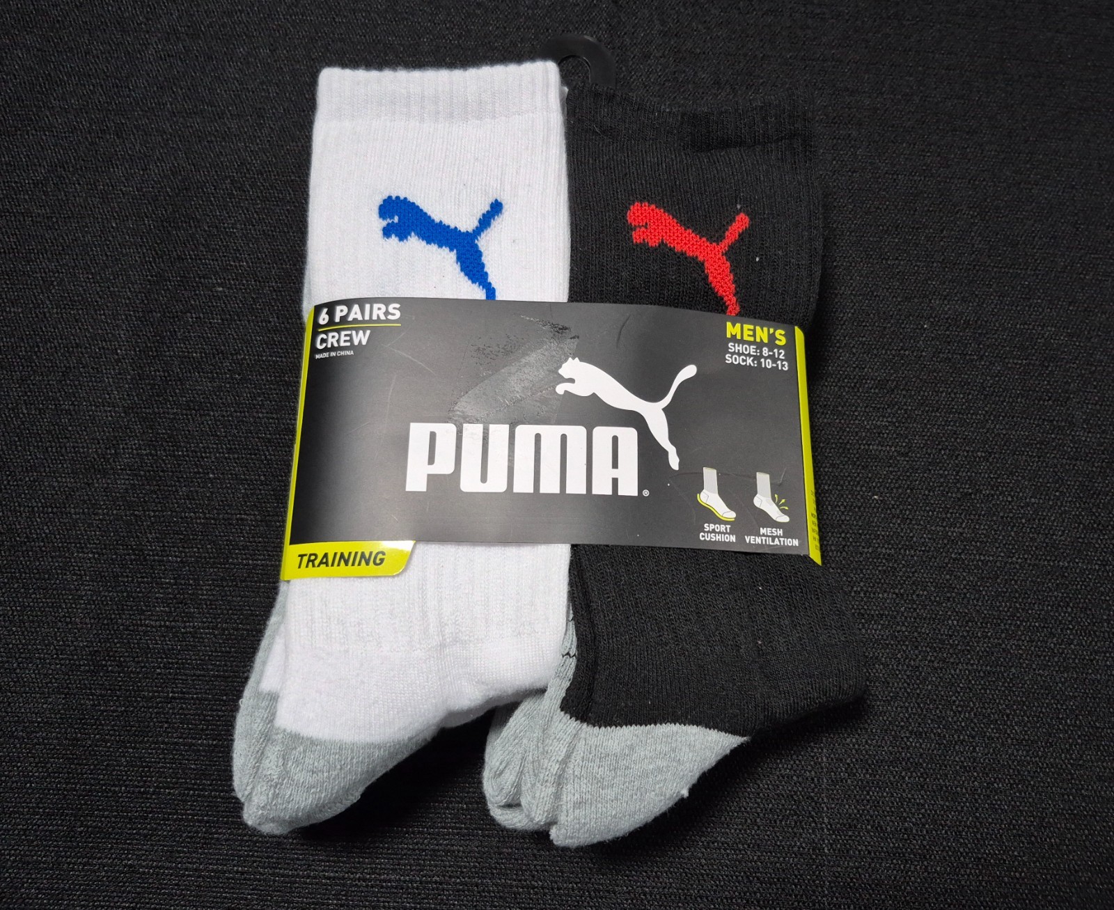 Puma Mens 6 Pairs Training -crew Sports Socks SIZE8-12 Sports Style Cushioned