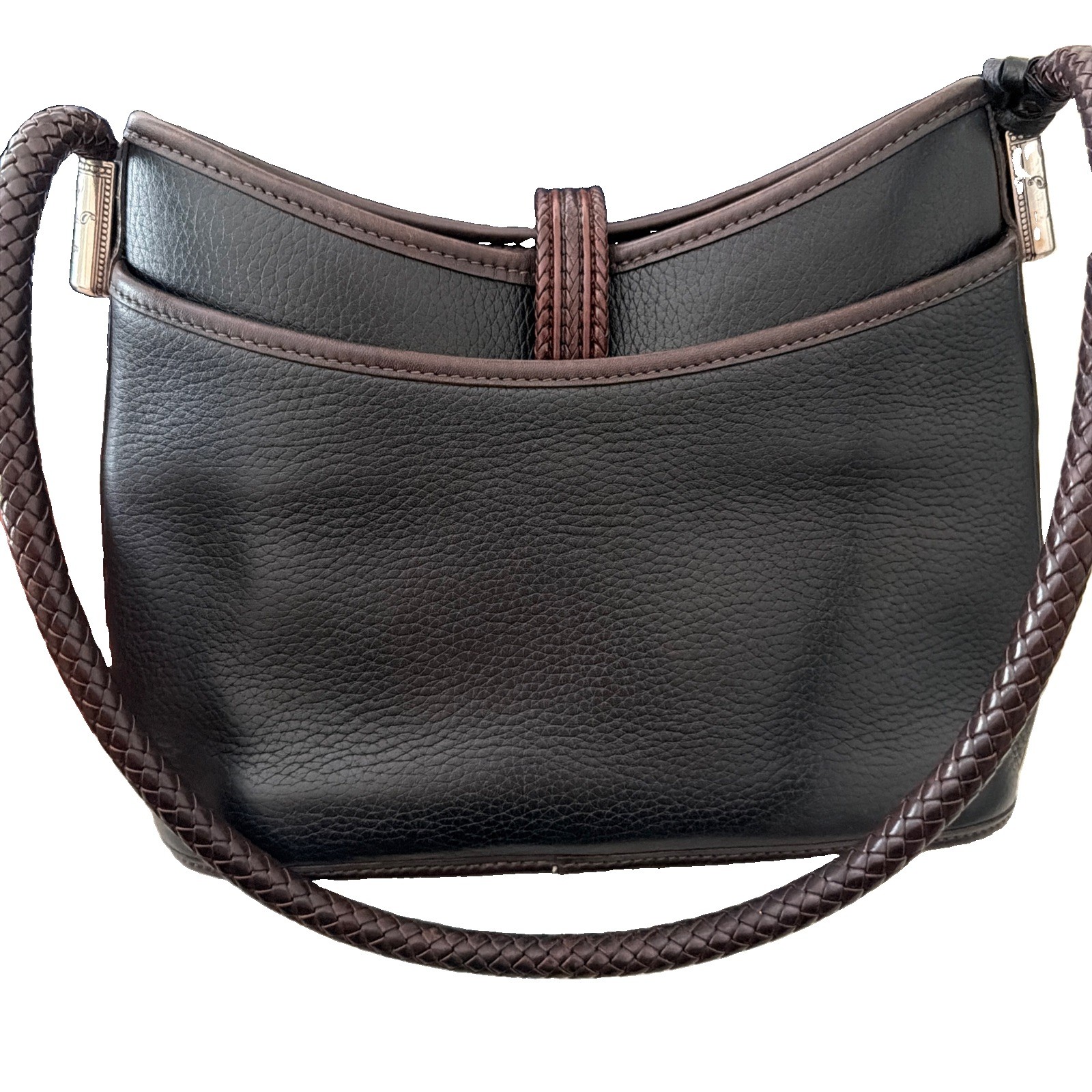 Vintage Brighton Black Brown Leather Shoulder Bag Braided Strap Heart Charm