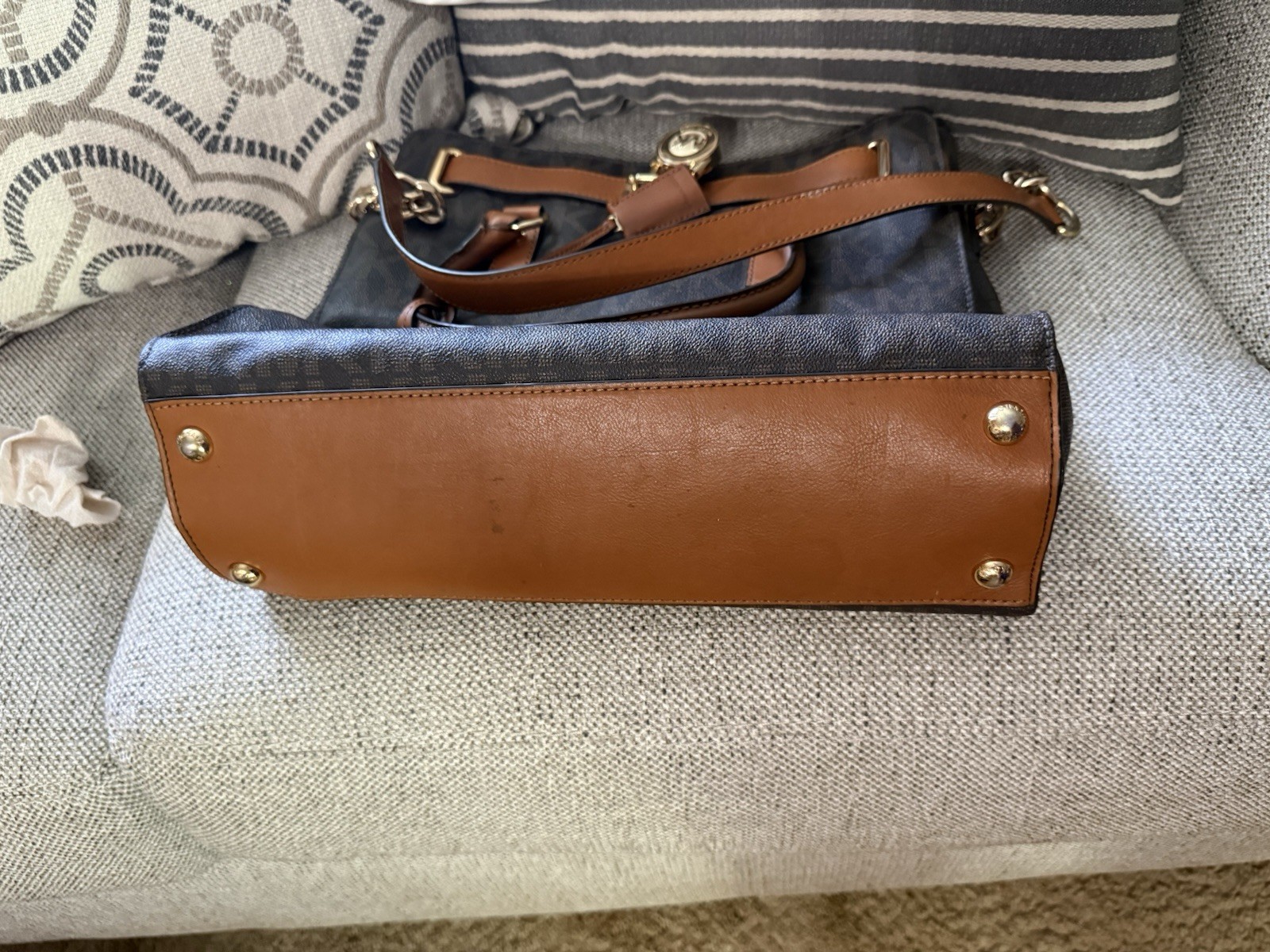 Michael Kors Brown MK Monogram Large Satchel Top Handle, Detachable Strap