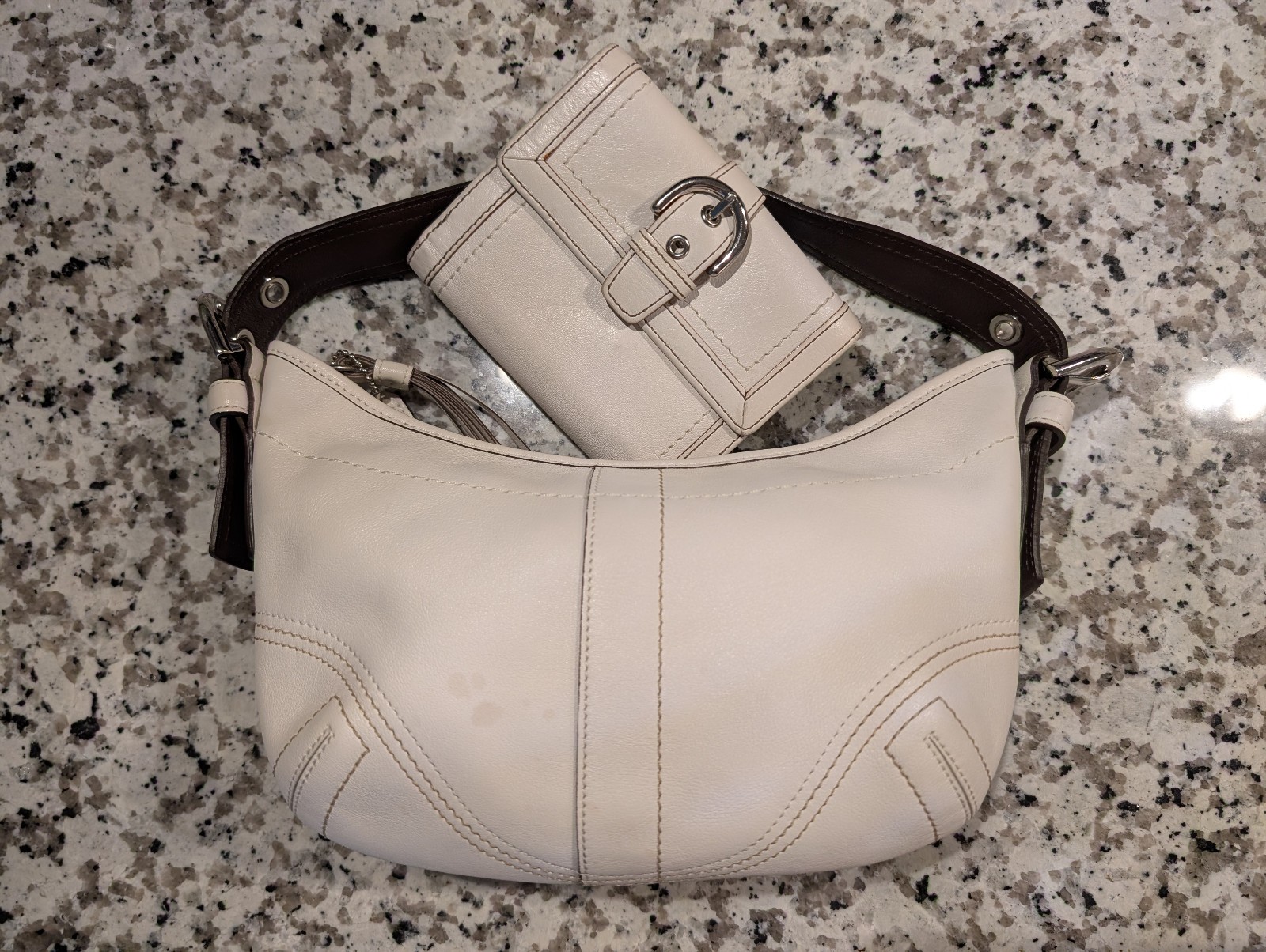 Vintage Coach Soho Hobo Bag 8A01 Ivory White Leather Brown Strap + Wallet