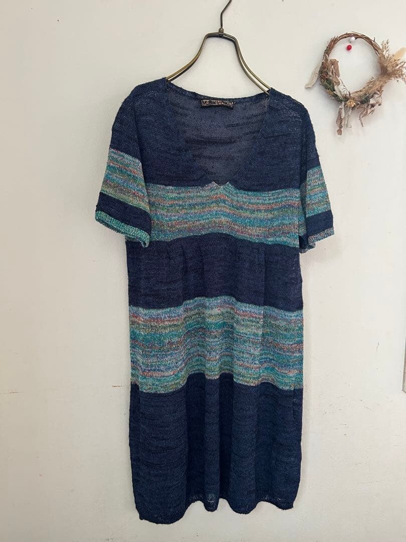 M.&KYOKO V Neck Multicolor Stripe Knit Dress Navy Free Size Rayon Paper Auth