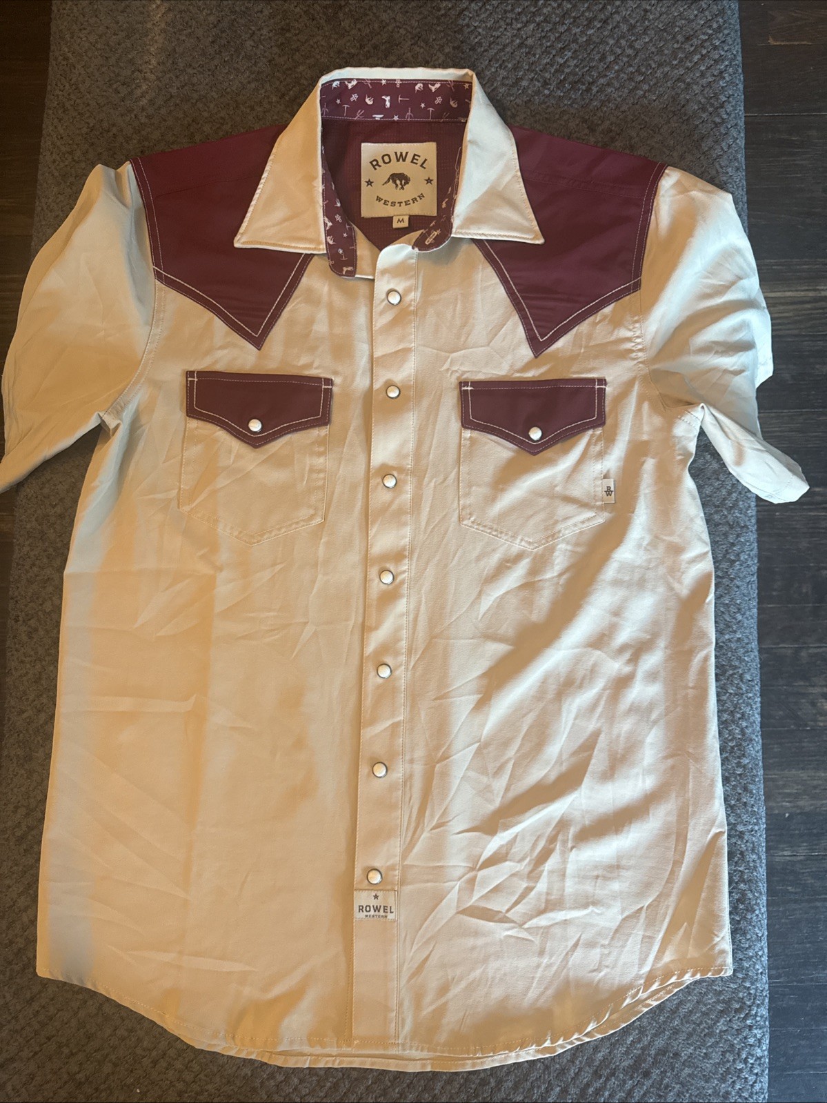 Rowel Western Shirt Mens Medium Tan Maroon Pearlsnap Cowboy Performance