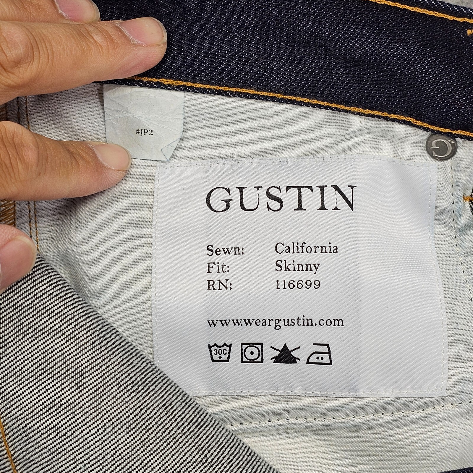 Gustin Selvedge Jeans Mens 31×34 Blue Dark Wash Denim Skinny Button Fly USA