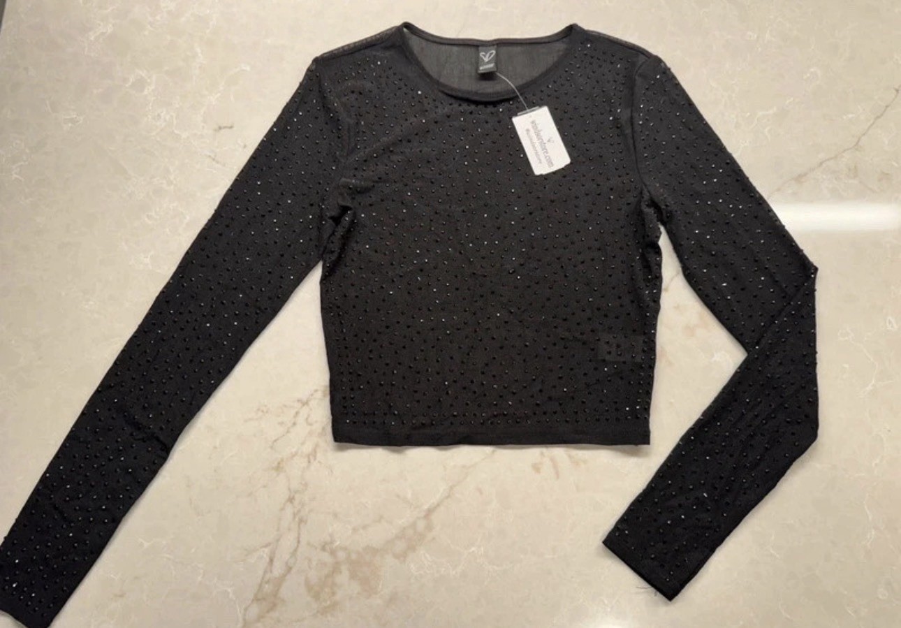 Windsor Women’s Black Rhinestone Mesh Round Neck Long Sleeve Cropped Top S