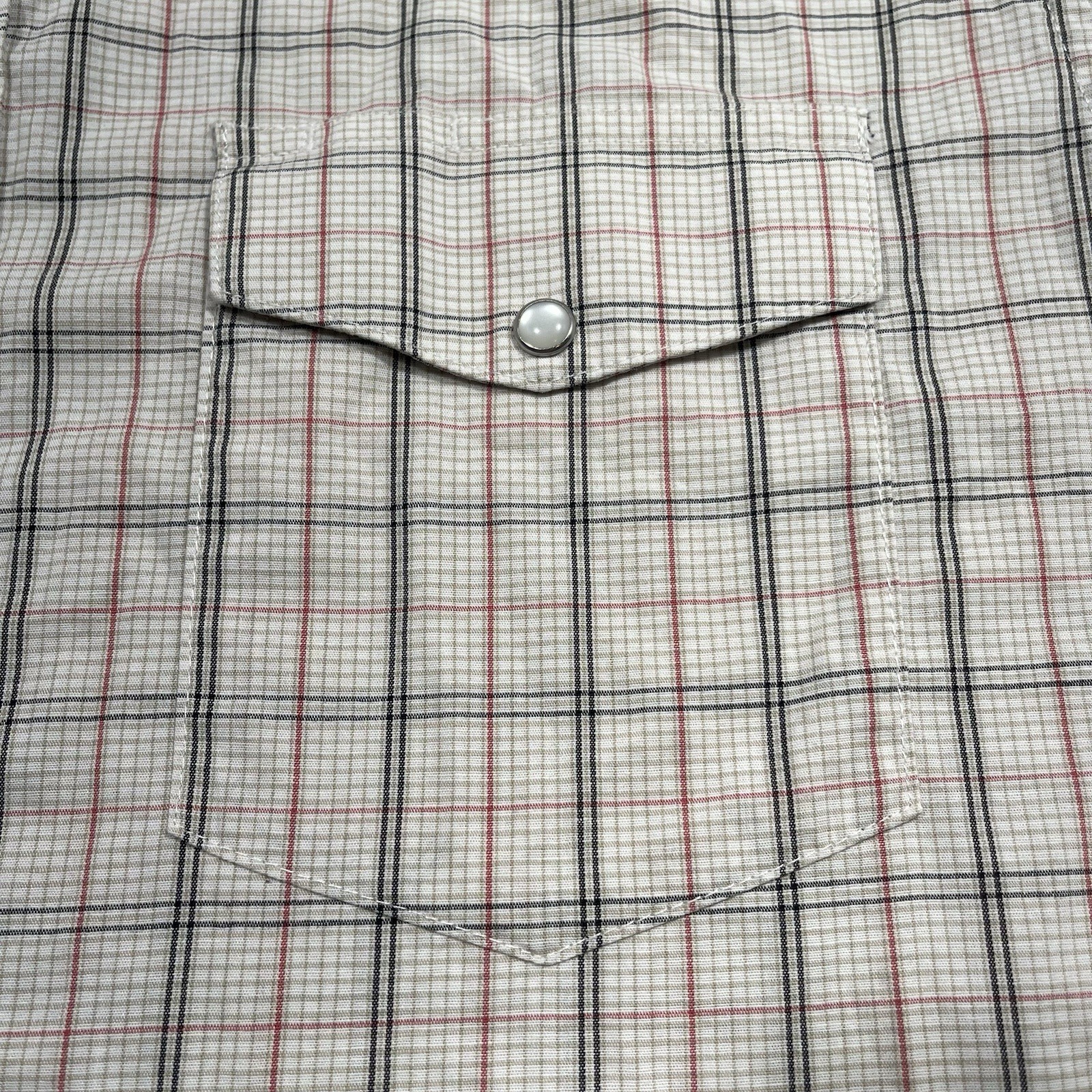 Wrangler Pearl Snap Shirt Mens Small Western Beige Red Plaid Cowboy Rodeo
