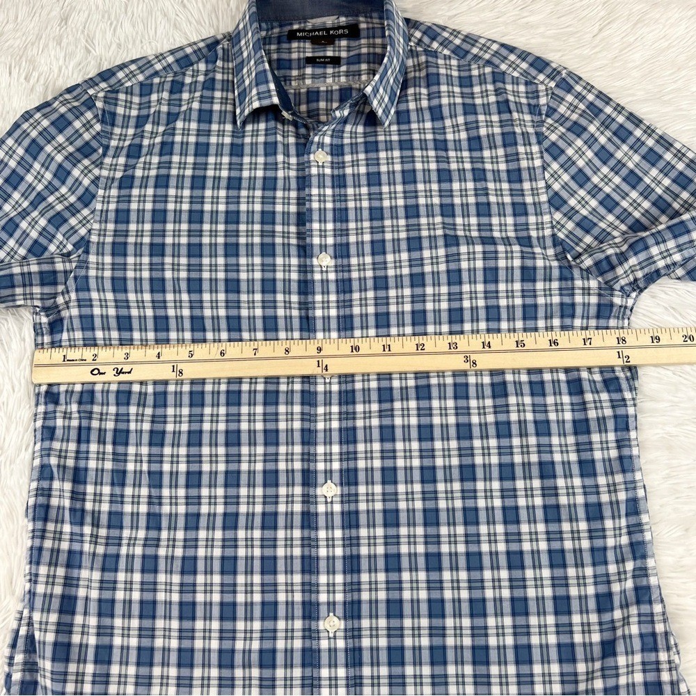 Michael Kors Men’s long sleeve slim fit plaid button up shirt in blue size S