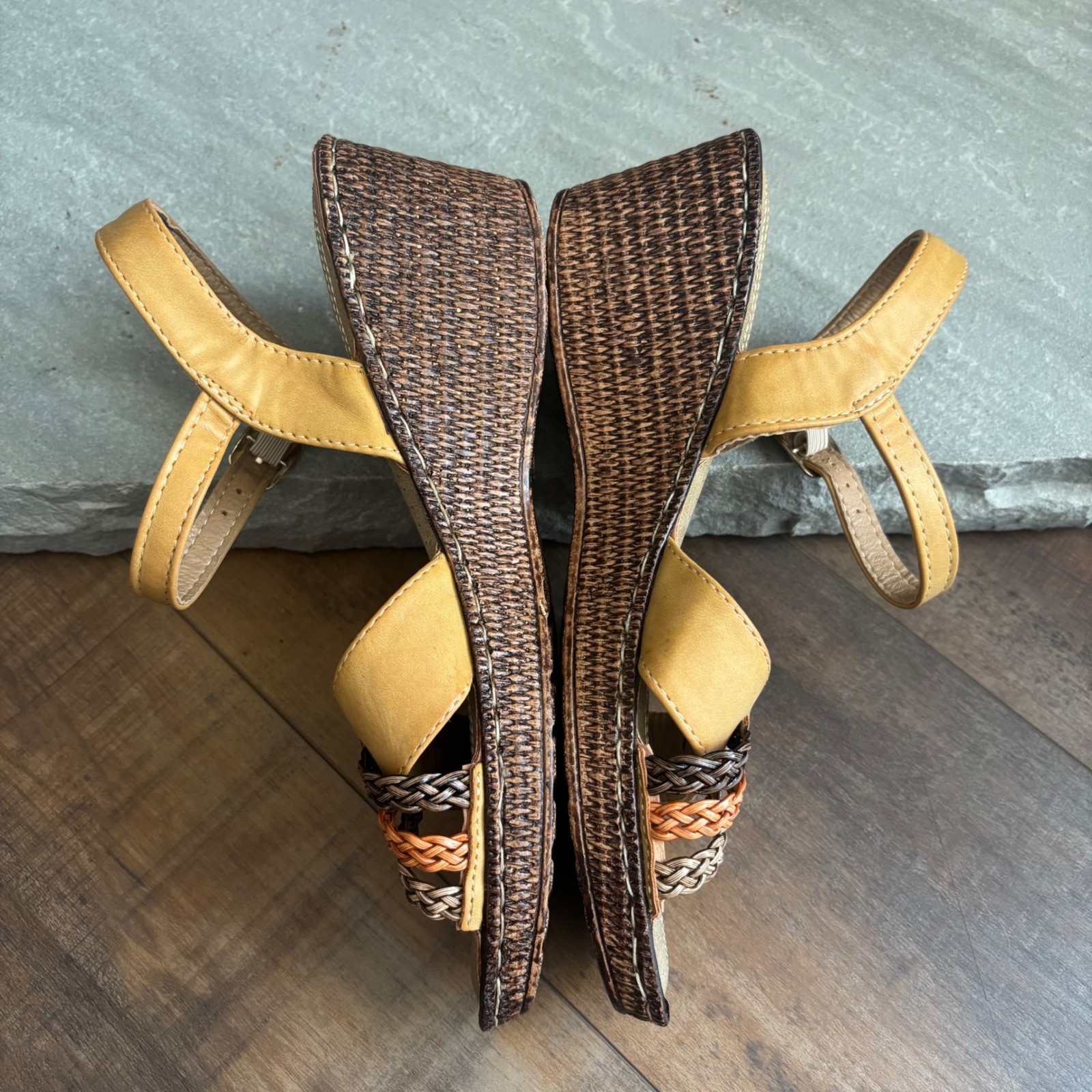 Patrizia Spring Step Wedge Sandals Mustard Yellow Multi Colored Braided Straps
