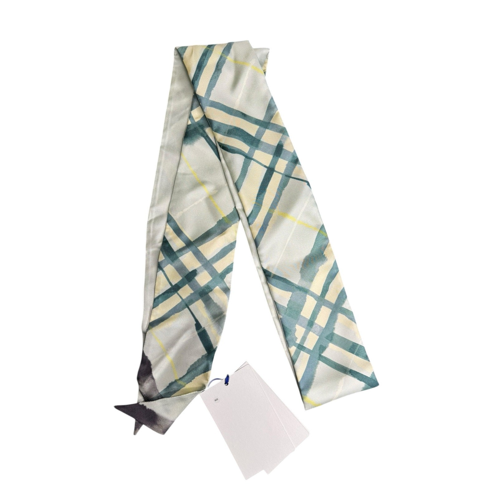 Burberry NWT Skinny Watercolor Check Silk Scarf in Light Green