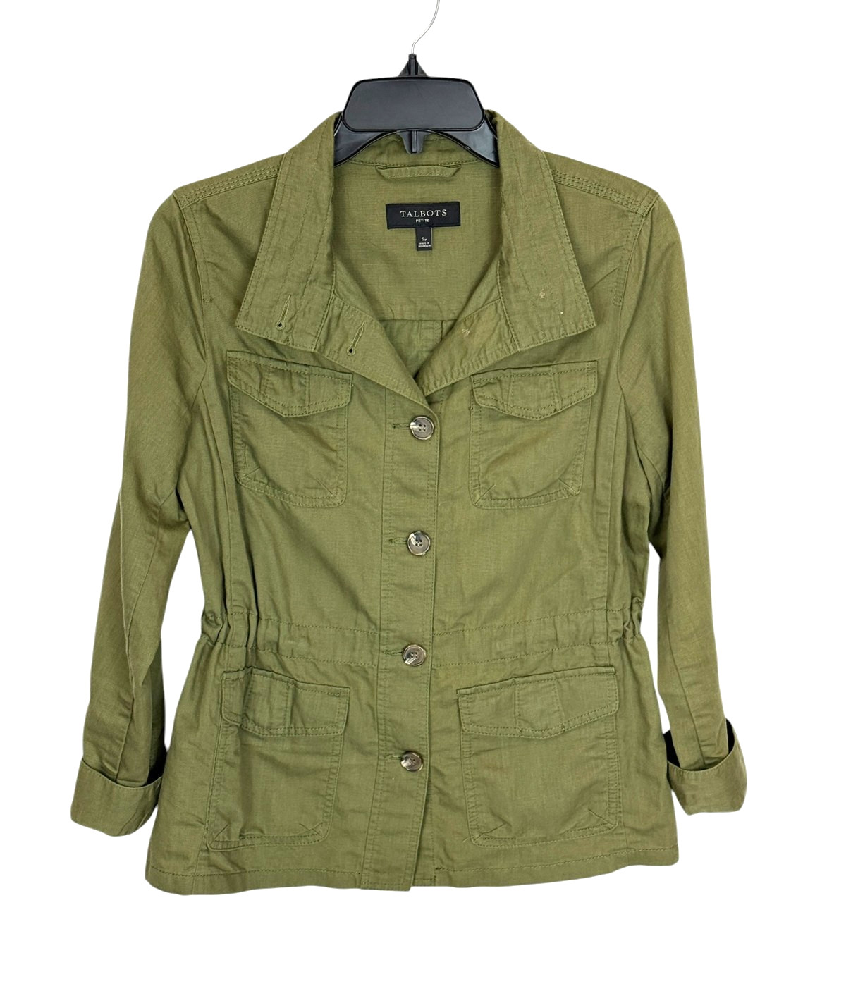 Talbots jacket sz Sp olive green military utilitarian safari cotton linen blend