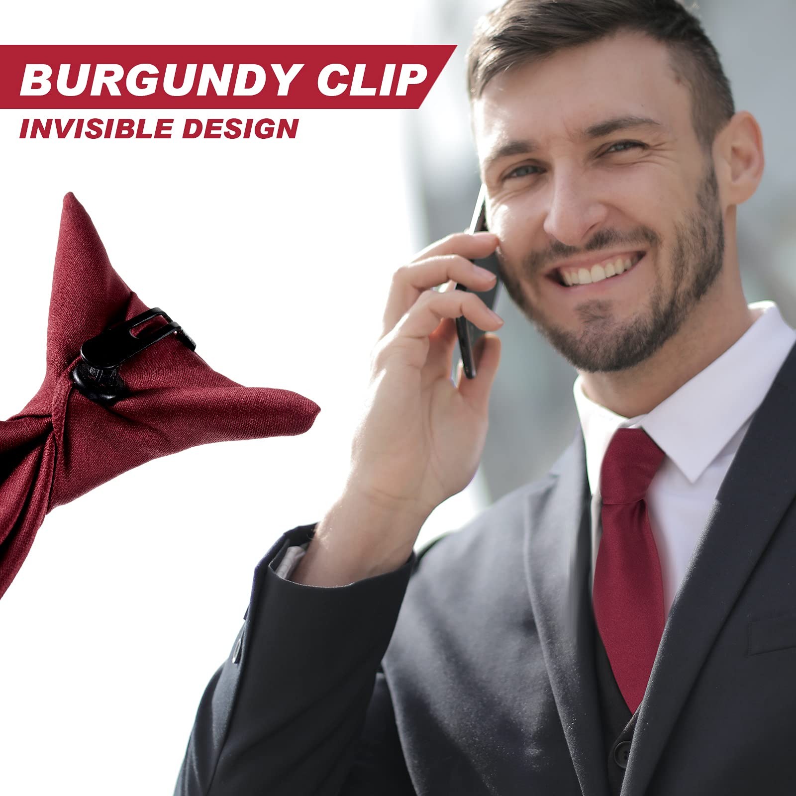 2 Pieces Men’s Clip on Ties 20 Inches Solid Color Clip on Ties Pre Burgundy