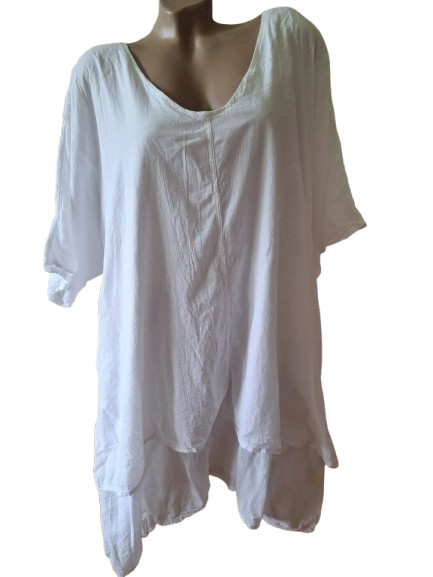 Kekoo White 100% Cotton Double Layer Tunic Blouse Lagenlook Plus Size 4 XL 2XL