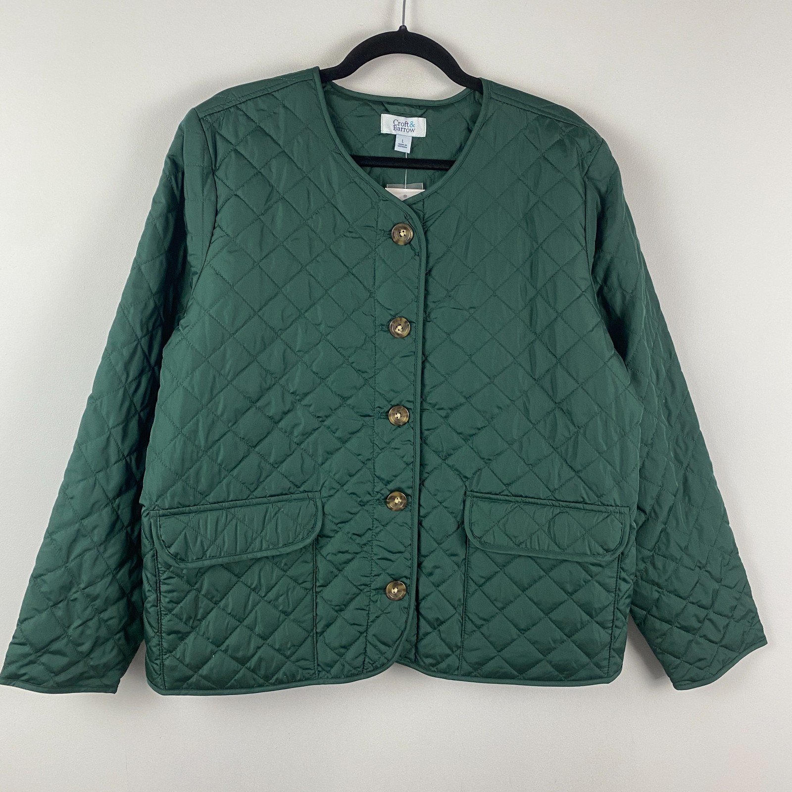 Croft & Barrow Quilted Button Up Long Sleeve Jacket Size Large Green Pockets