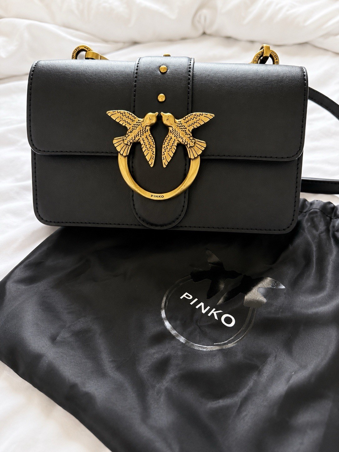 PINKO Black Crossbody Bag Gold Bird Logo Hardware Magnetic Zip + Dust Bag