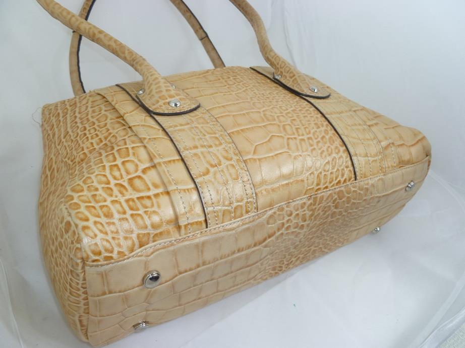 B MAKOWSKY USED CROC EMBOSSED KHAKI LEATHER FOLD OVER TOTE/SHOULDER BAG/SHOPPER