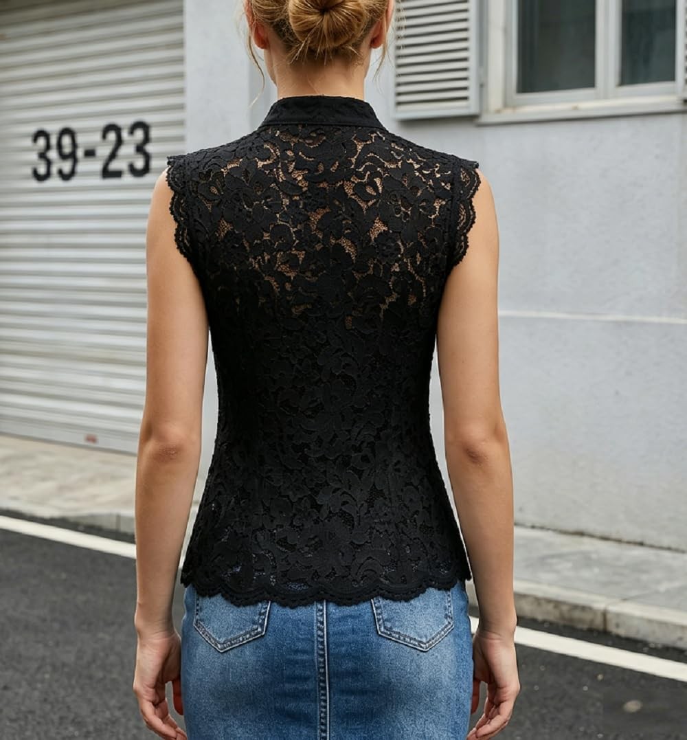 Women Lace Mandarin Collar Shirt Button Stand Collar Semi Sheer Floral Lace T…