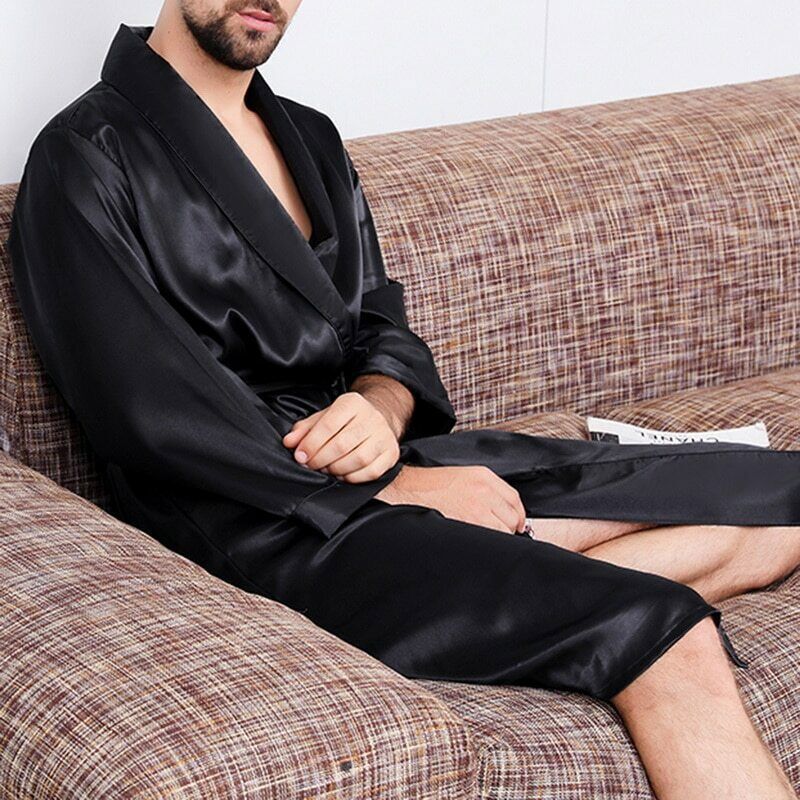Men Lounge Sleepwear Faux Silk Silky Bathrobes Dressing Gown Men’s Sleep Robes
