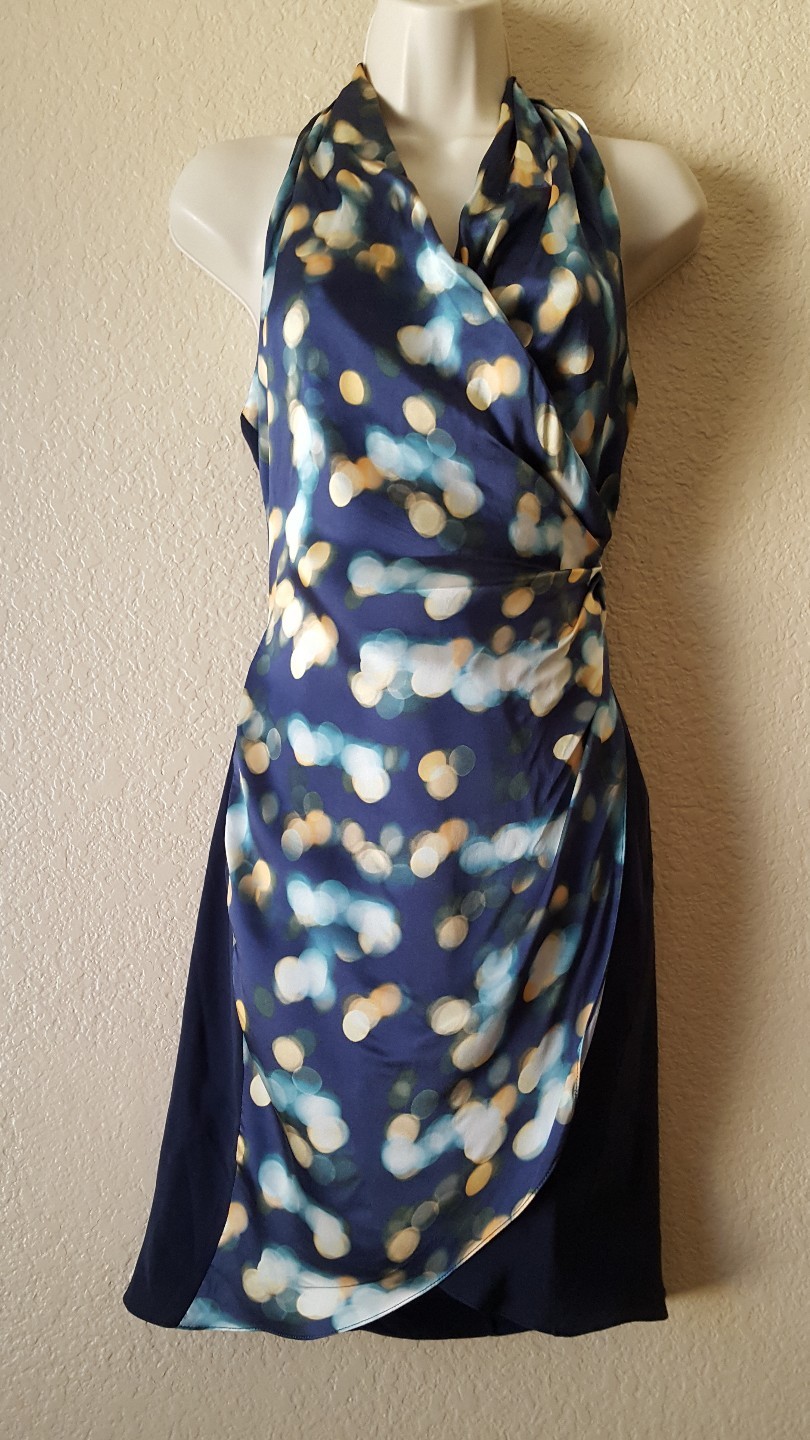 ELIZABETH And JAMES Faux Wrap Halter Silky Dress Silk Blue Size XS New $200