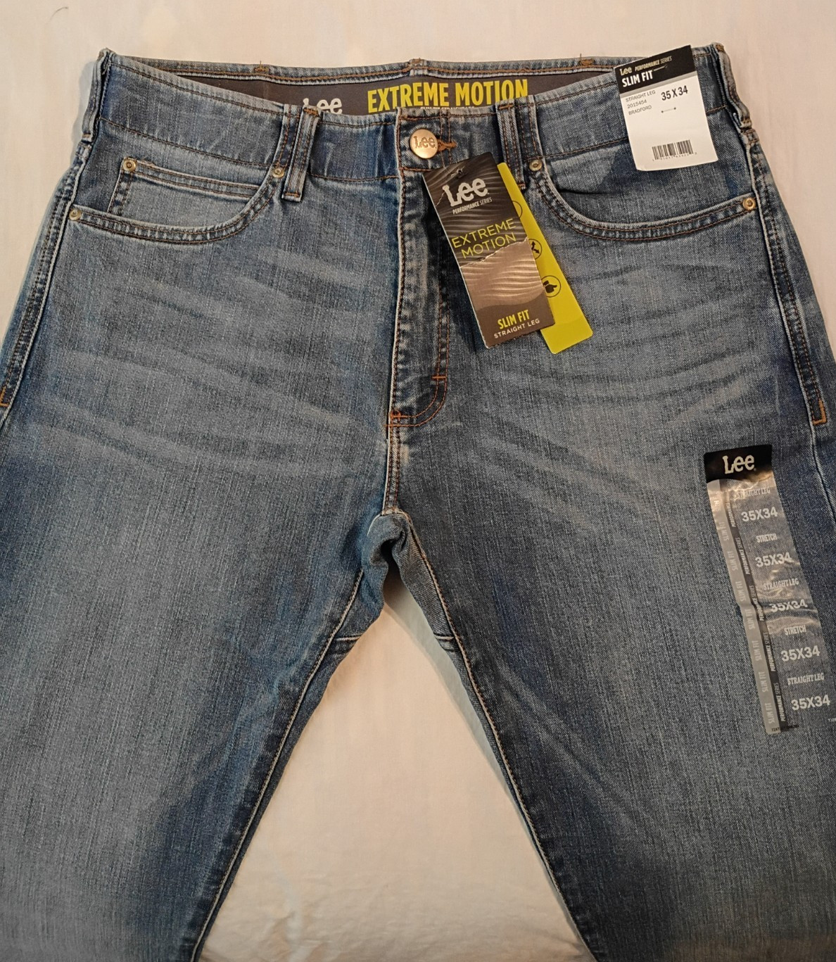 NWT Lee Men’s 35×34 Extreme Motion Slim Fit Denim Blue Jeans Gusseted Crotch