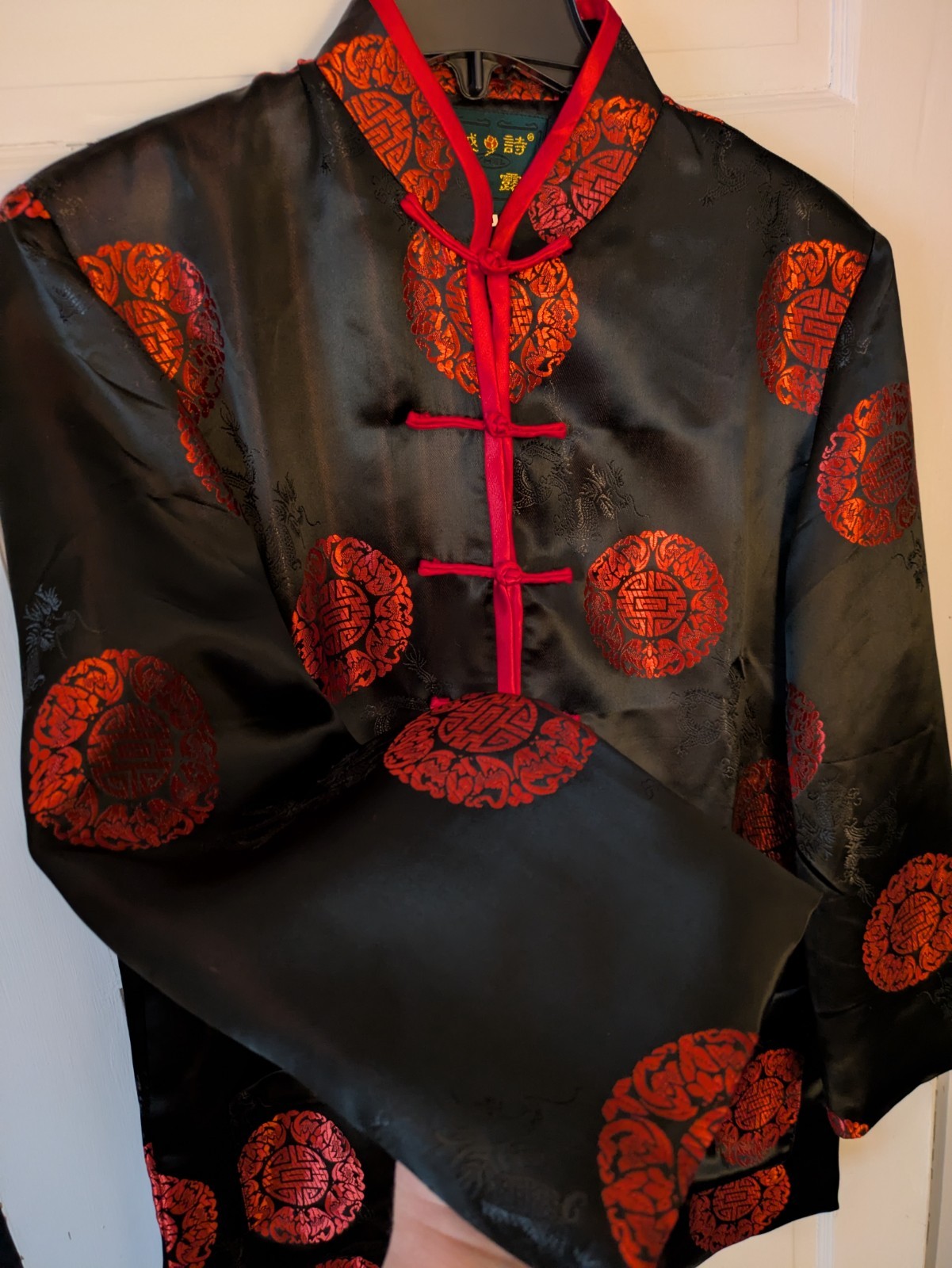 YHSL Mens XL (42″) Asian Jacket Dragon Black Red Knot Frog Closure Lined Pocket