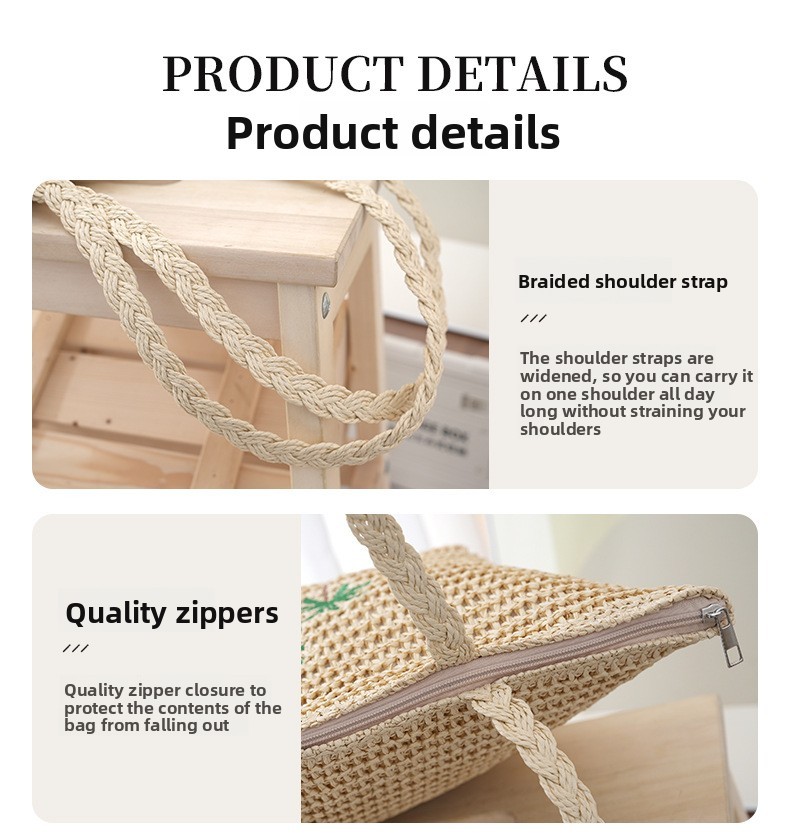 Women Coconut Tree Pattern Large Capacity Solid Color Straw Shoulder Bag For