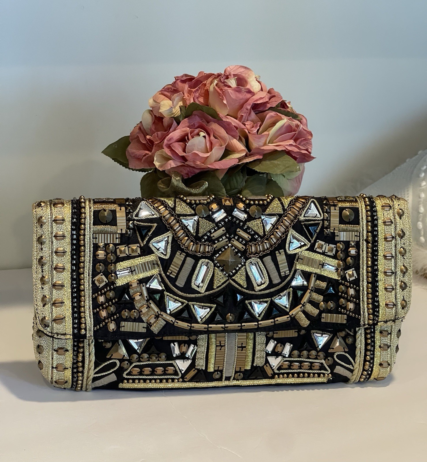 Chico’s Black/Gold Art Deco Beaded Clutch w/ Detachable Chain Strap