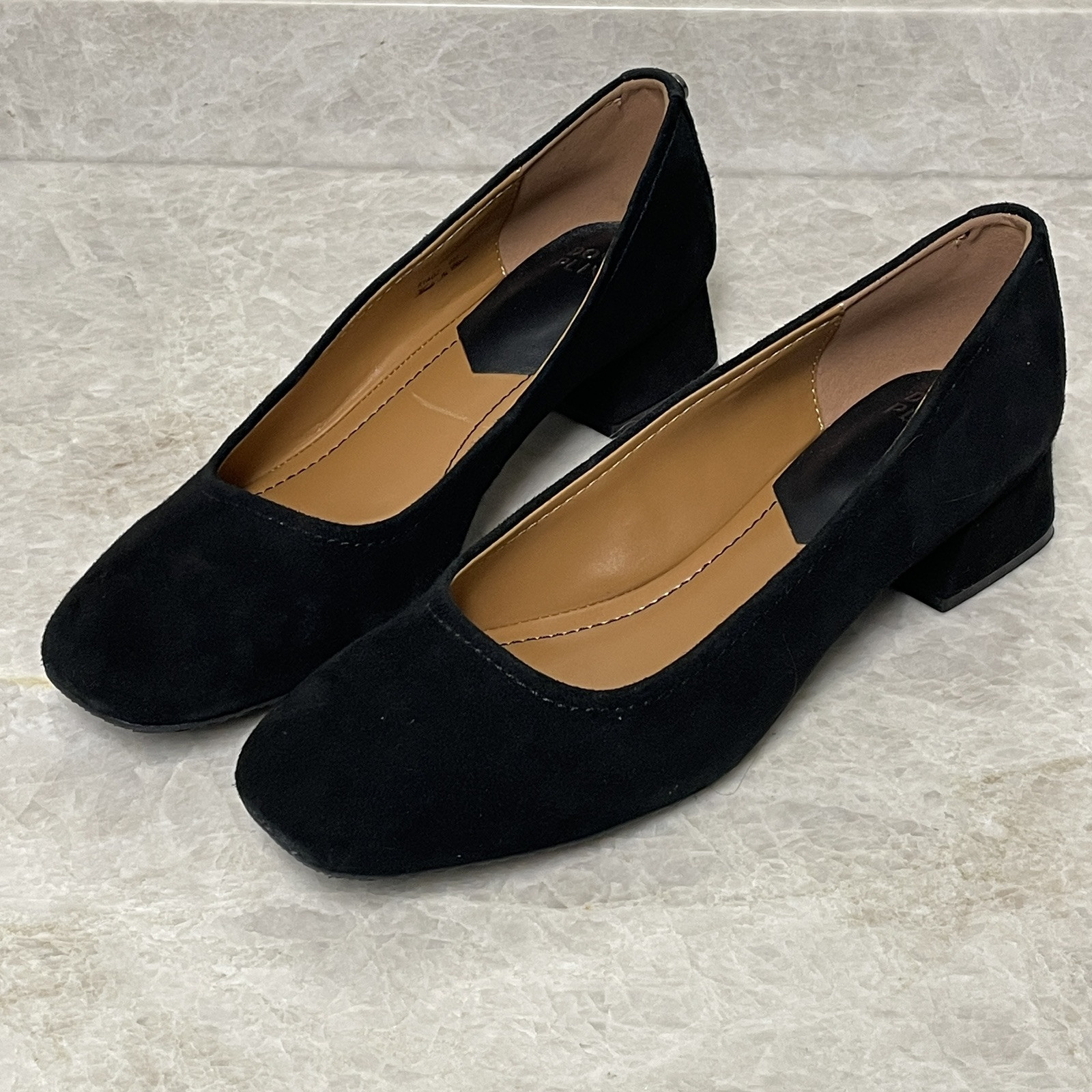 Donald Pliner Rya Pump Womens 9M Black Suede Square Toe 1.3 in Block Heel Shoes