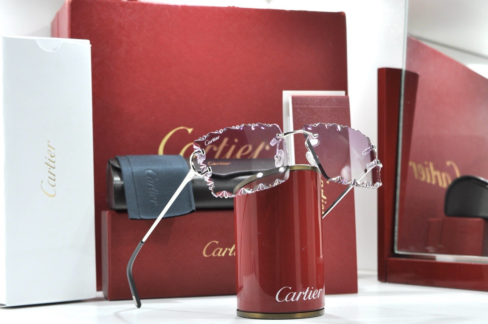 Cartier rimless sunglasses piccadilly glasses Diamond Cut BIG C silver Frame