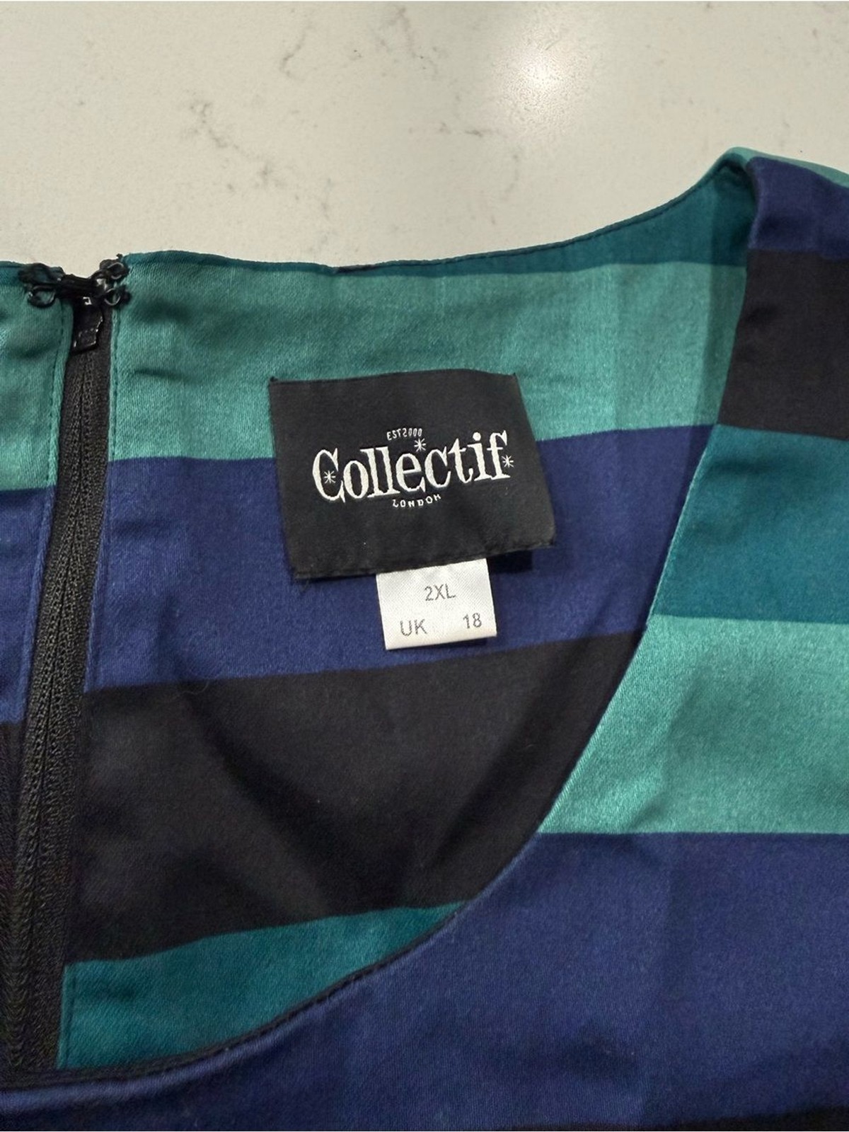 Collectif Teal, Navy & Black Striped Fit & Flare Dress. Size XL