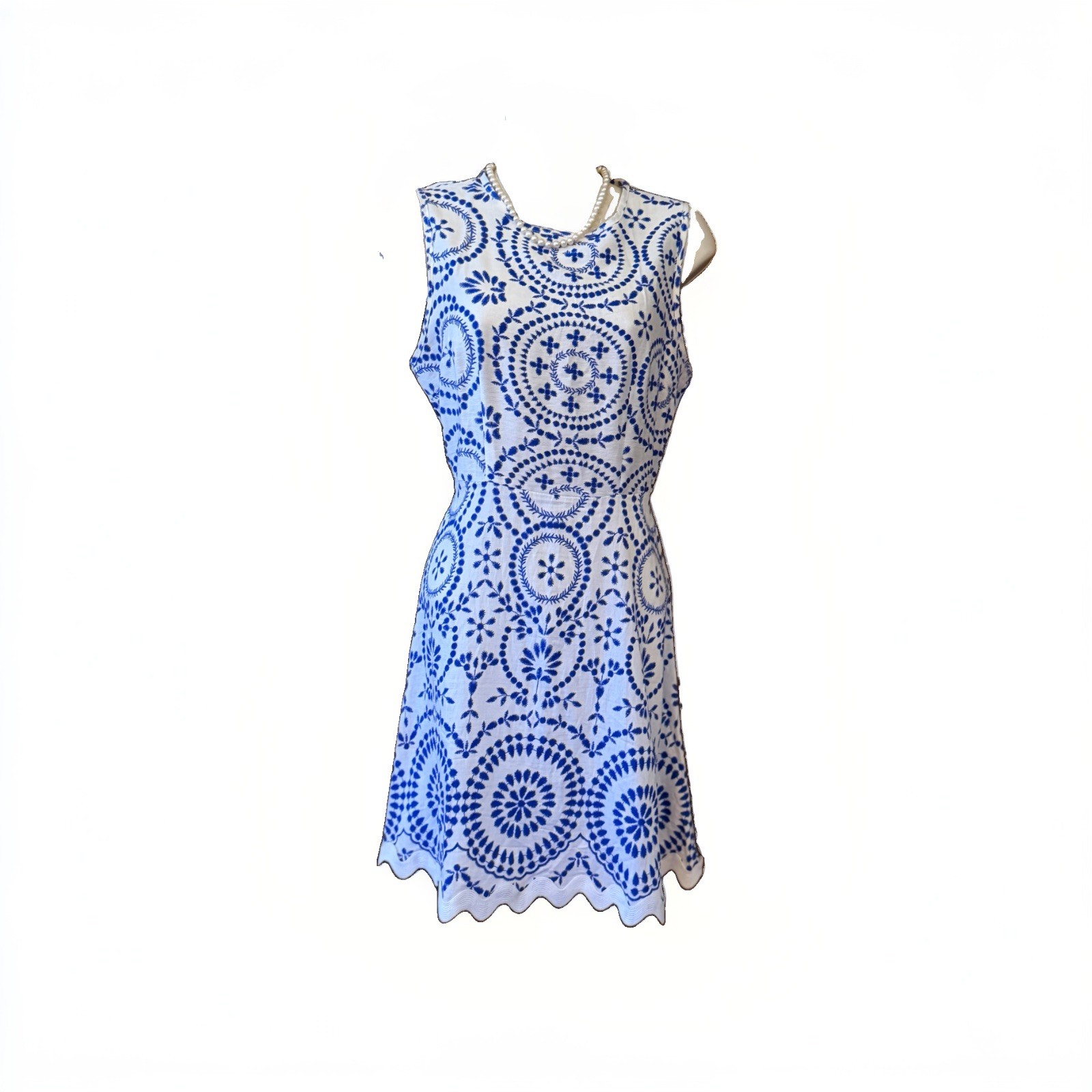 Womens White Blue Floral Crew Neck Sleeveless A-Line Knee Dress Zip S