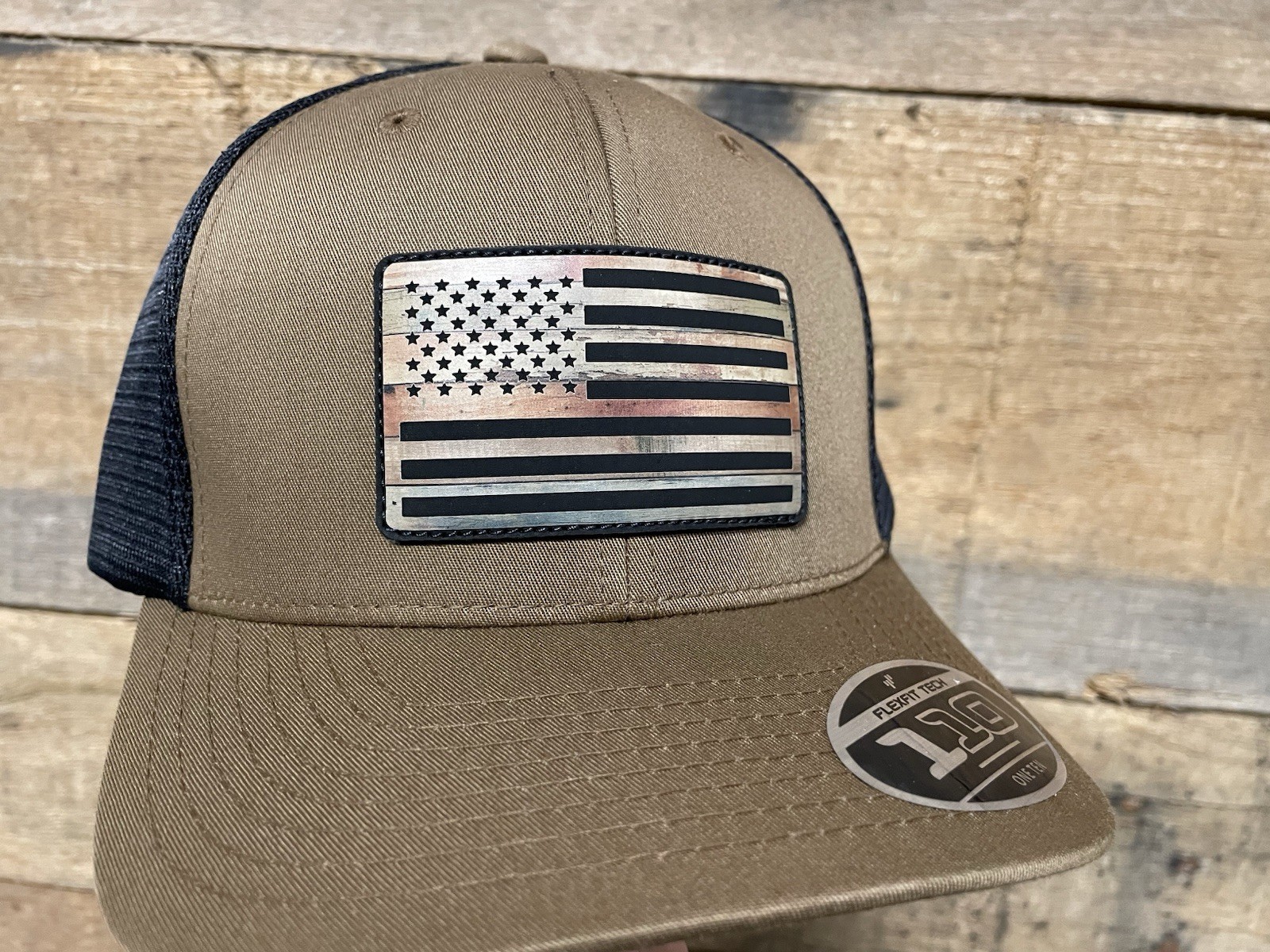 USA Flag Wood Grain- Coyote Brown Flexfit 110M SnapBack Trucker Hat