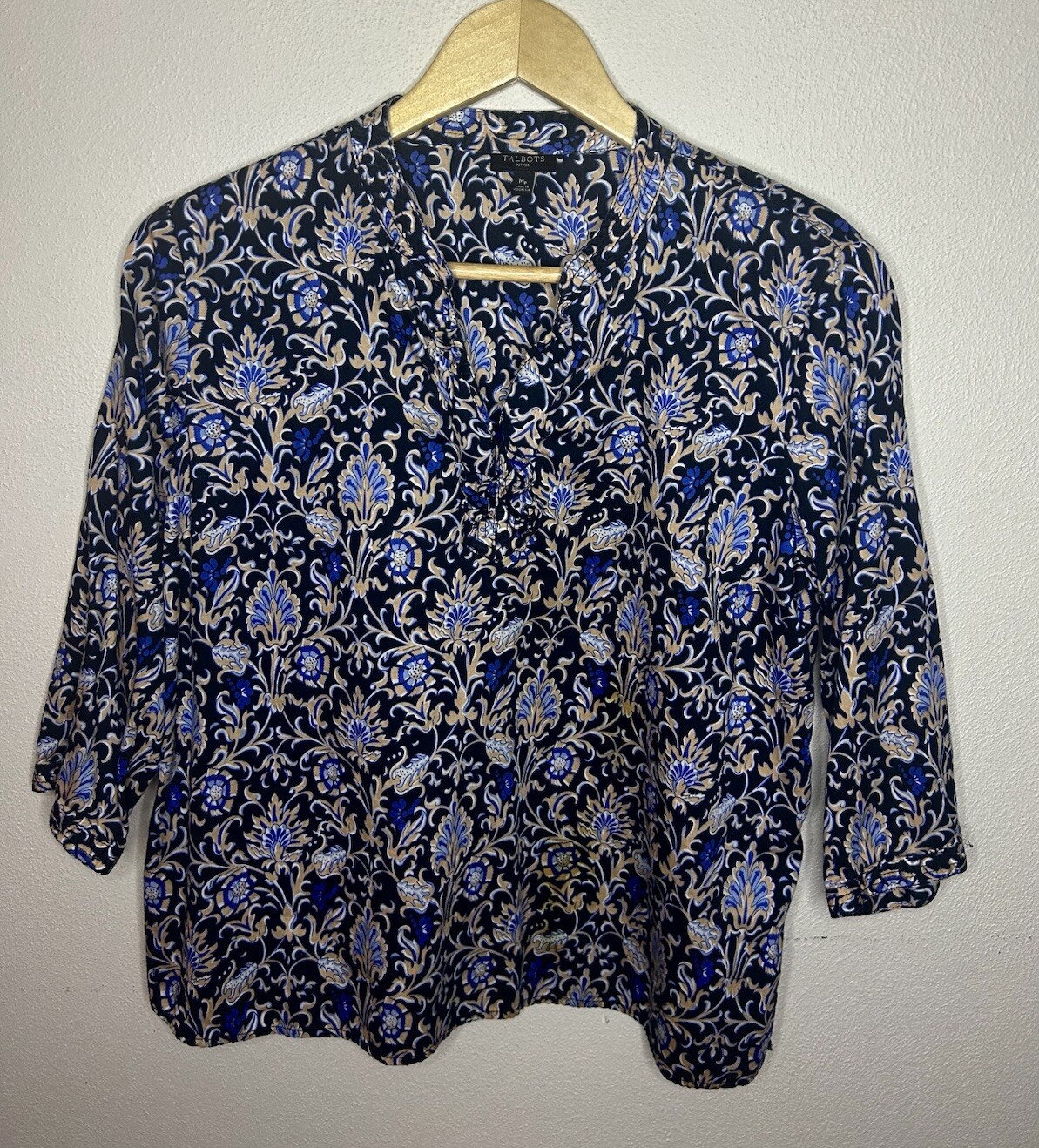 Talbots Women’s M Petite Navy Blue Cute Paisley Ruffle V Neck Blouse Top Shirt