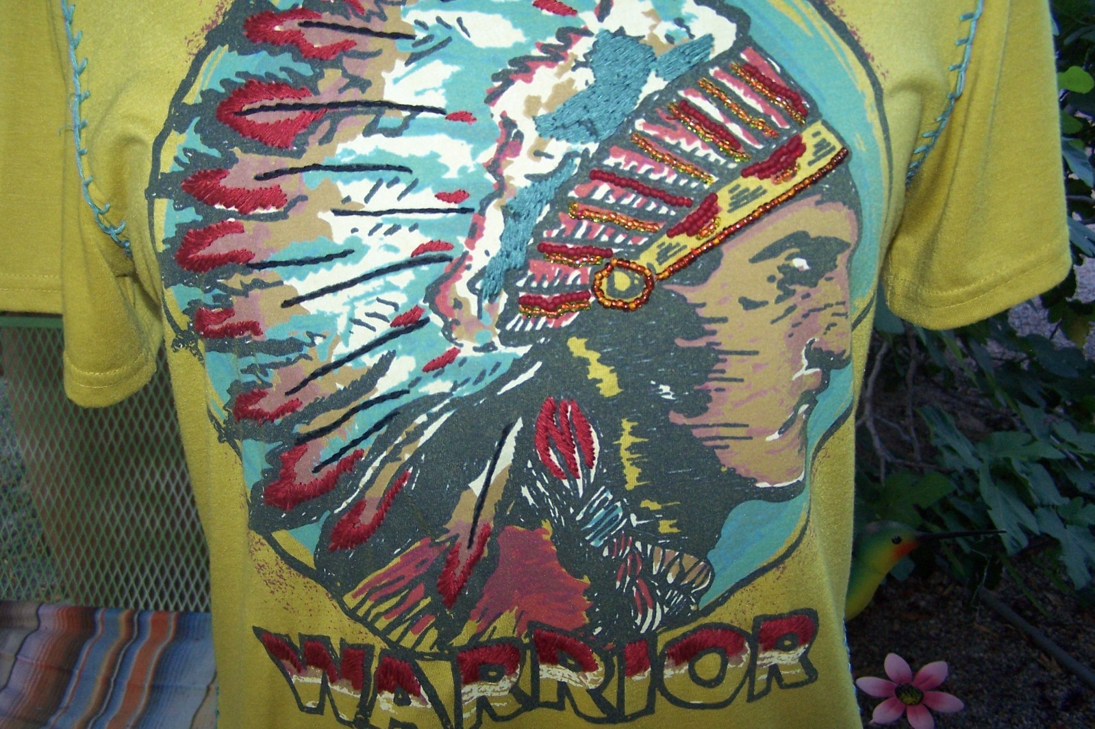 DOUBLE D RANCH L Indian WARRIOR Embroidered Beaded Graphic Western Tee Shirt EUC