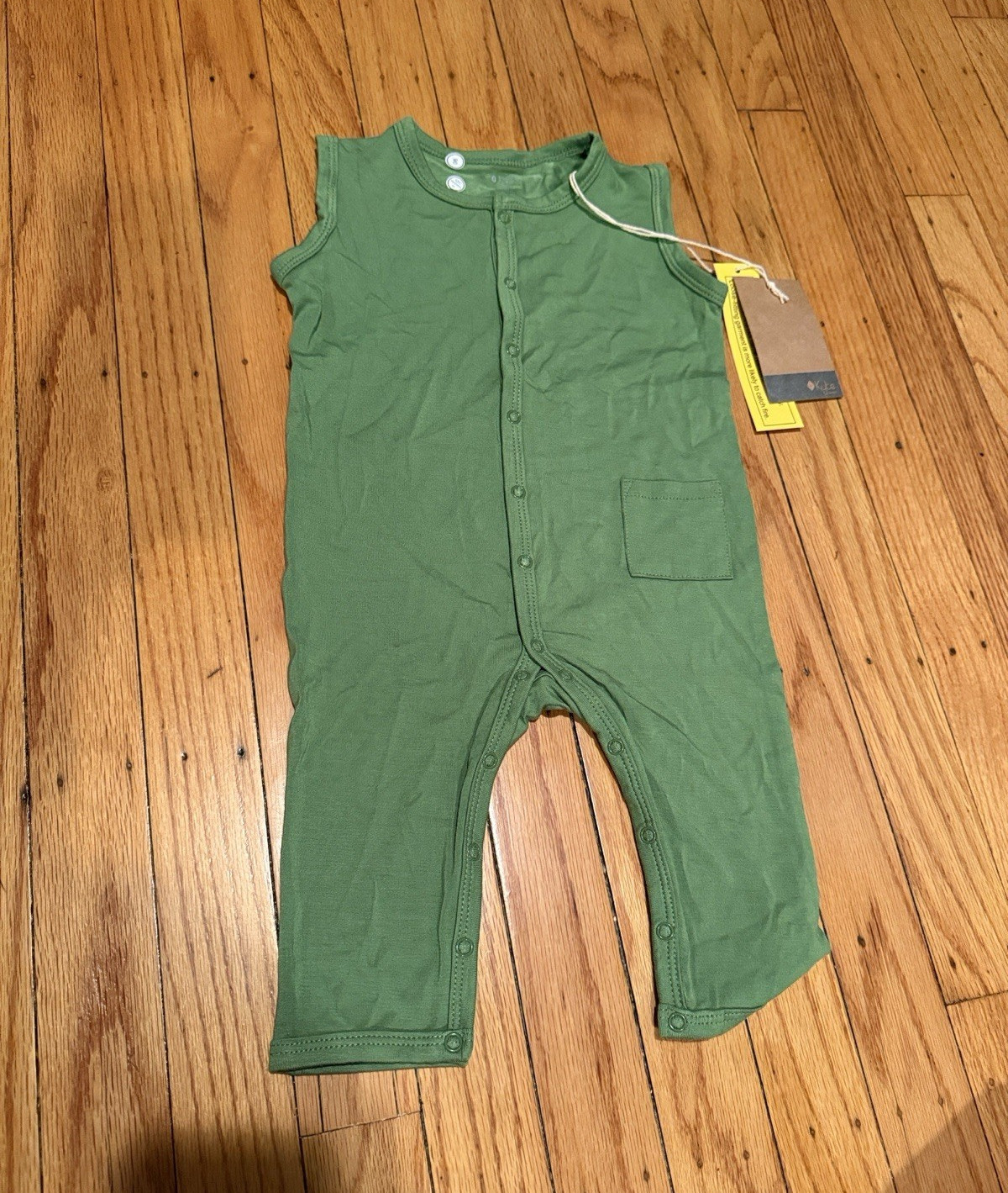 Green Cotton Knit Sleeveless Romper One-Piece Snap/Button Front Pocket