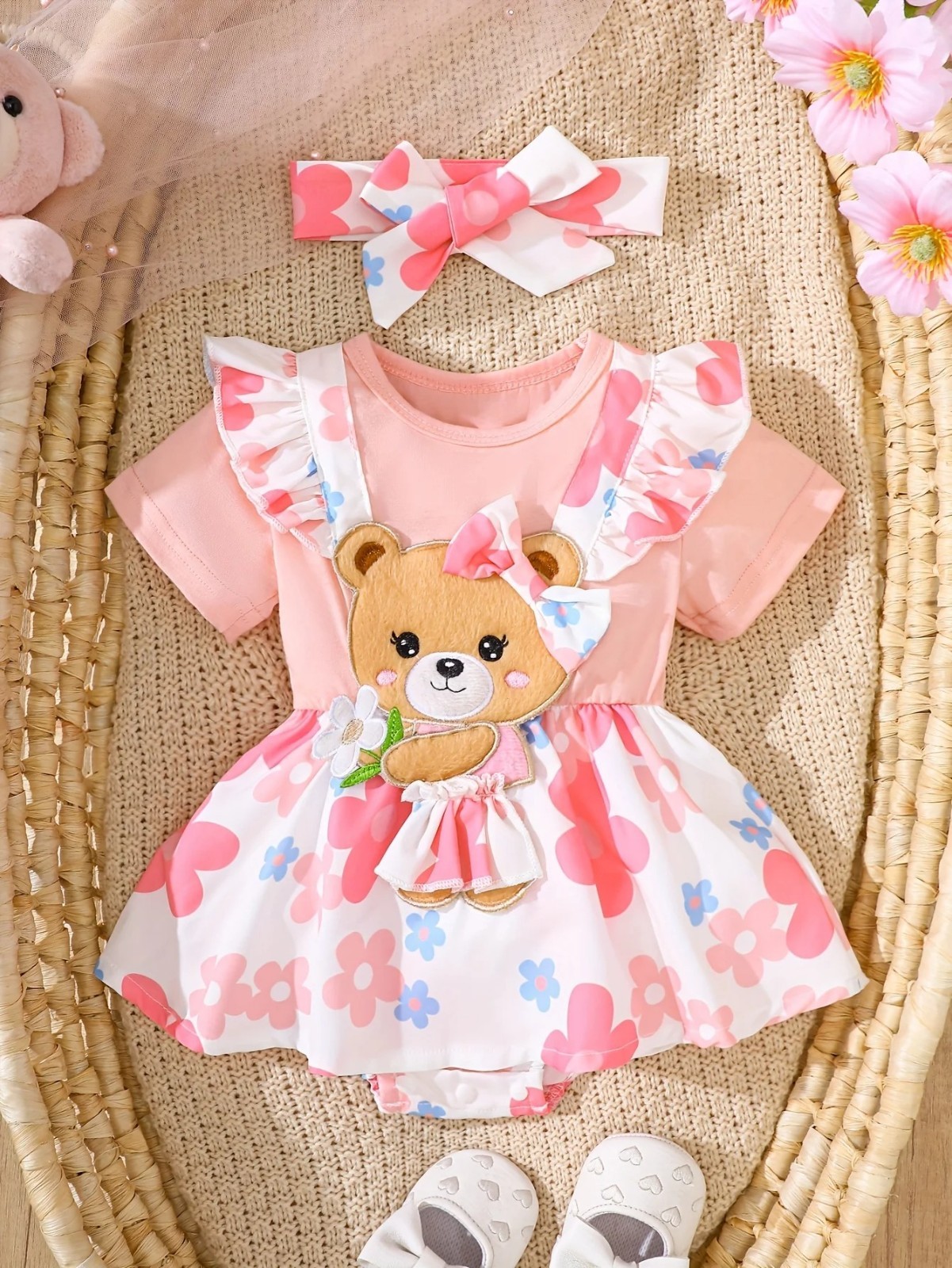 Baby Girl Romper & Headband Set Floral Bear Print Summer Outfit