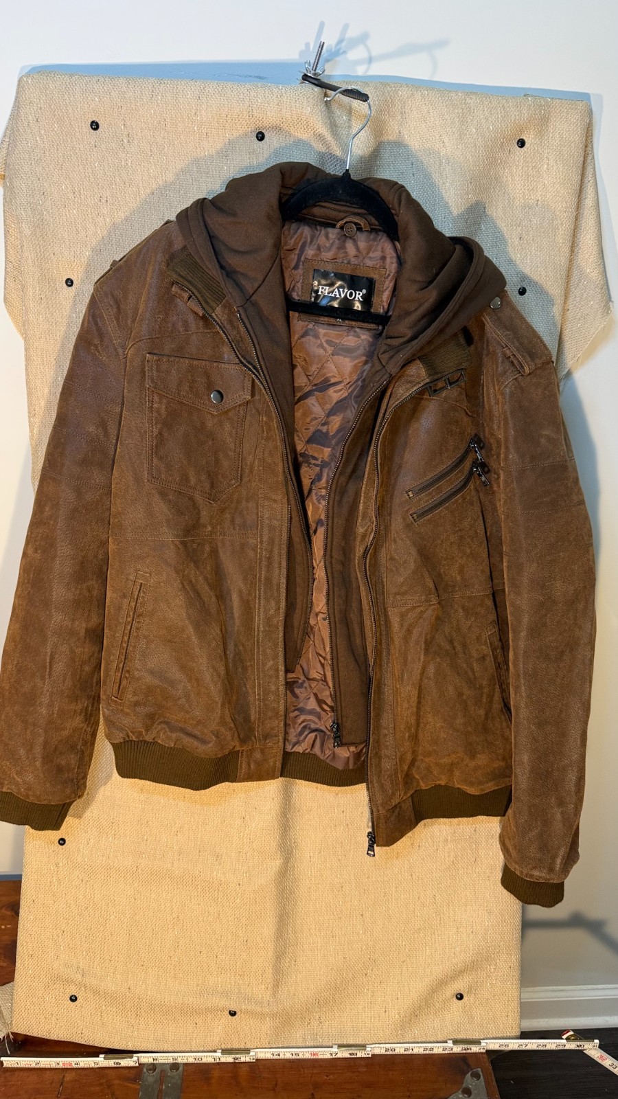 Flavor Mens Leather Bomber Jacket XL Brown Hooded Distressed Moto Coat