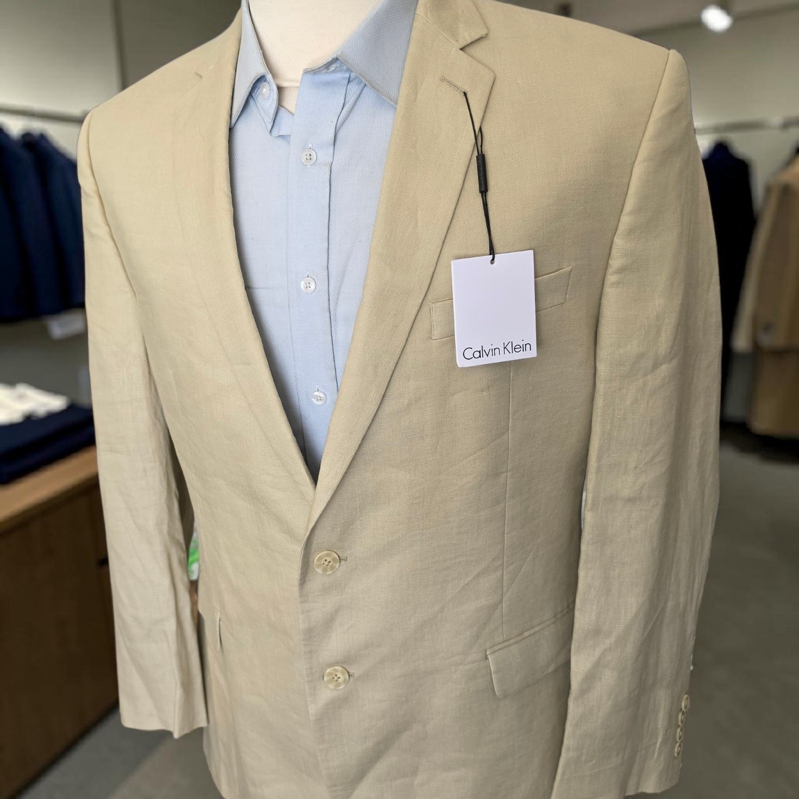 New Calvin Klein Linen Blazer 42r Dual Vent Beige