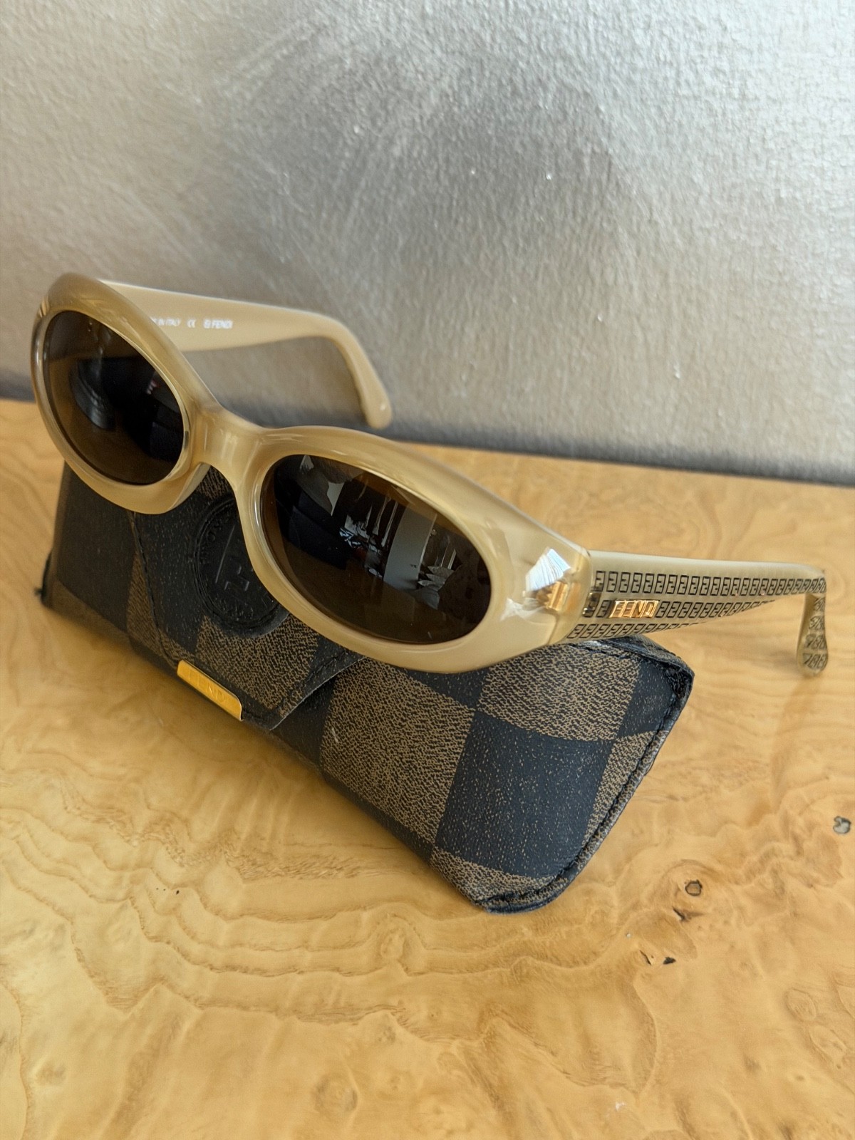 VINTAGE FENDI Sunglasses FF Logo Pattern Temples~FS199 Sandstone 130 w/Case!!!