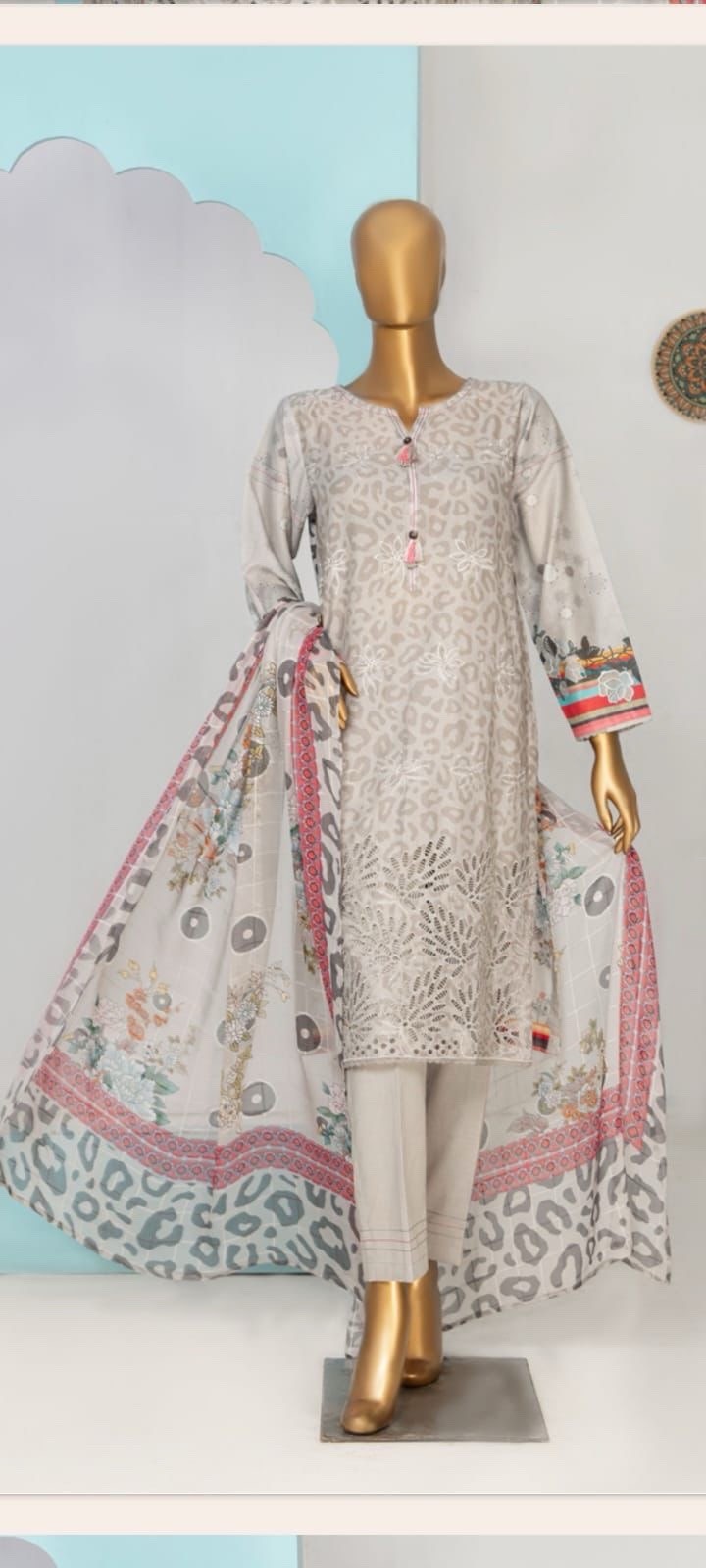 Premium H.Z Brand Emb Lawn /cotton Suit- Chiffon Dupatta – Medium & Large – $55
