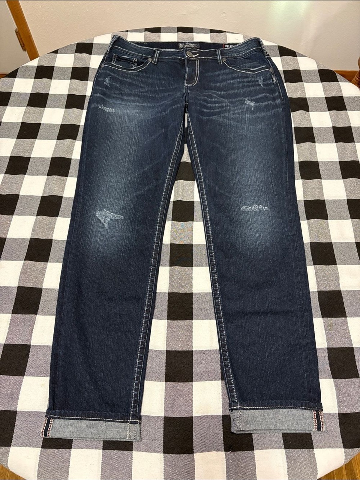 Silver Jeans Boyfriend Fluid Denim Jeans Distressed Stretch Dark 32 x 29/31.5