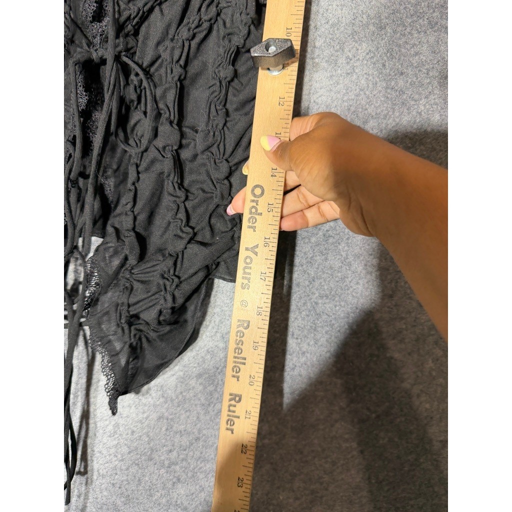 Commense Black Ruched Lace-Up Tank Top XS Fairycore Coquette Chiffon Lace Trim