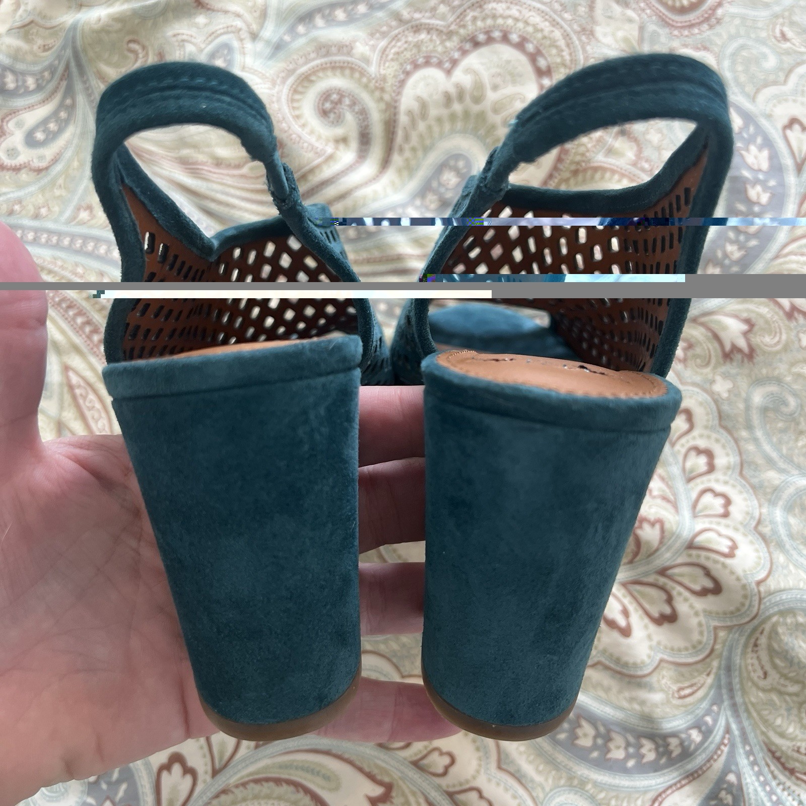 Franco Sarto Harlet 2 Teal Suede Perforated Slingback Block Heel Sandals Sz 8