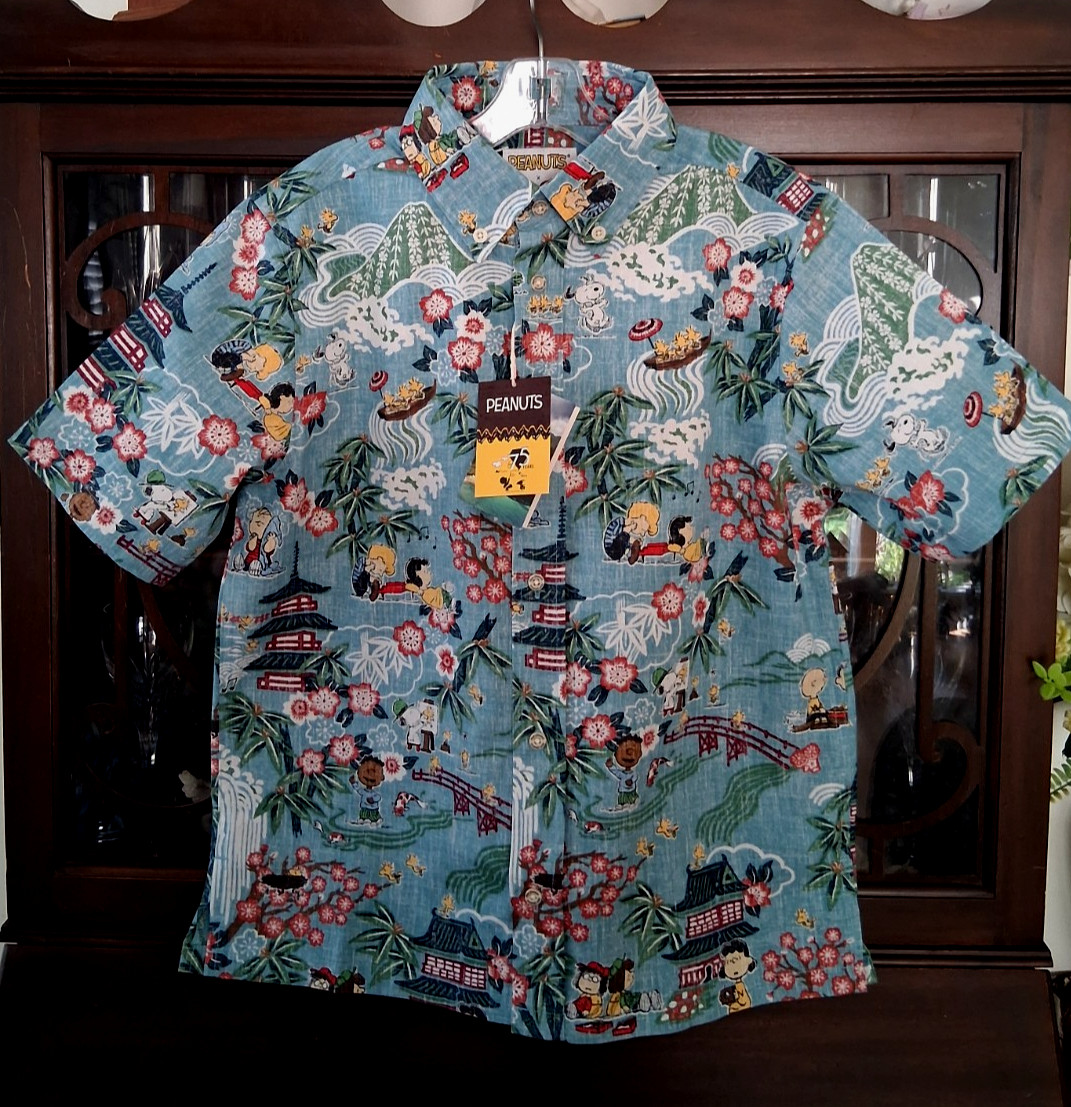 Reyn Spooner Boy’s “PEANUTS IN JAPAN” NWT Aqua Button Front Shirt Sizes