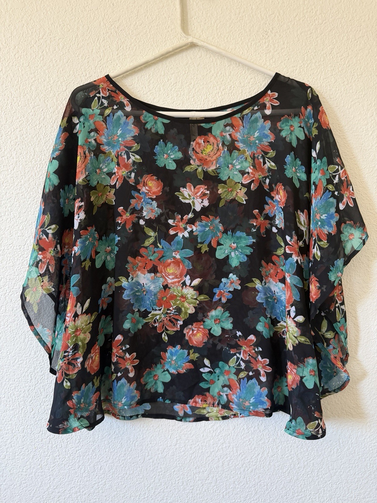 Chenault Womens Floral Chiffon Sheer Batwing Blouse Top Black Multicolor L