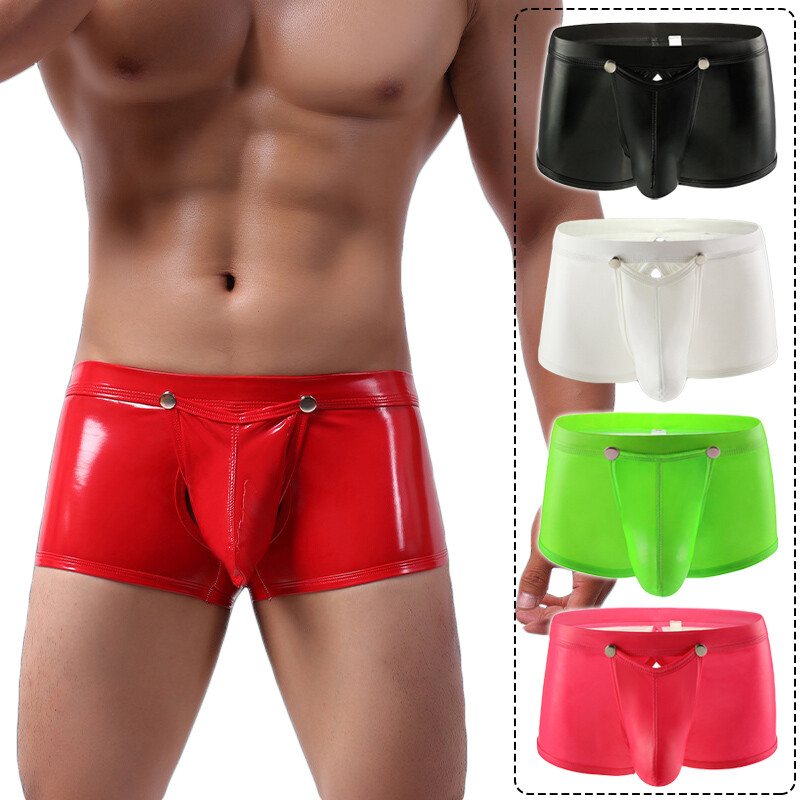 Men Sexy Wet Look Shiny Boxer Briefs Trunks Underwear Removable Button Pouch