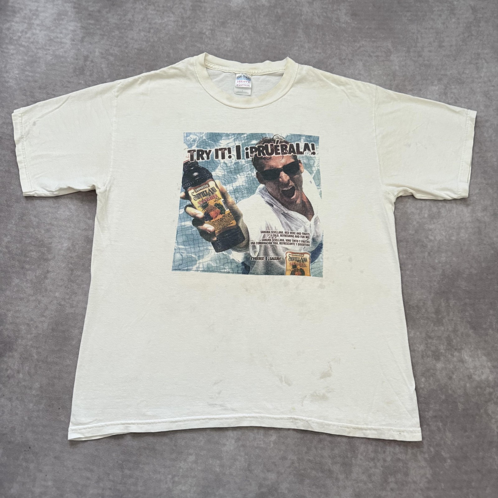 Vintage Sevillana Sangria Shirt Mens Large White Graphic Promo Alcohol Drink