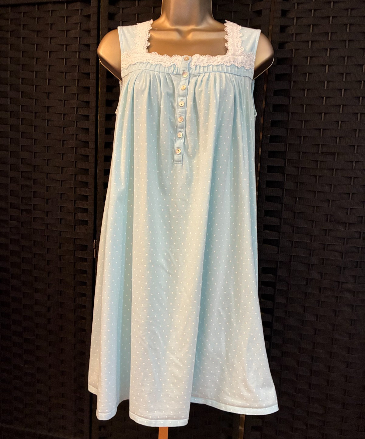Eileen West BLUE PINDOT NIGHTGOWN Small LACE Short Babydoll Romantic Cotton Knit