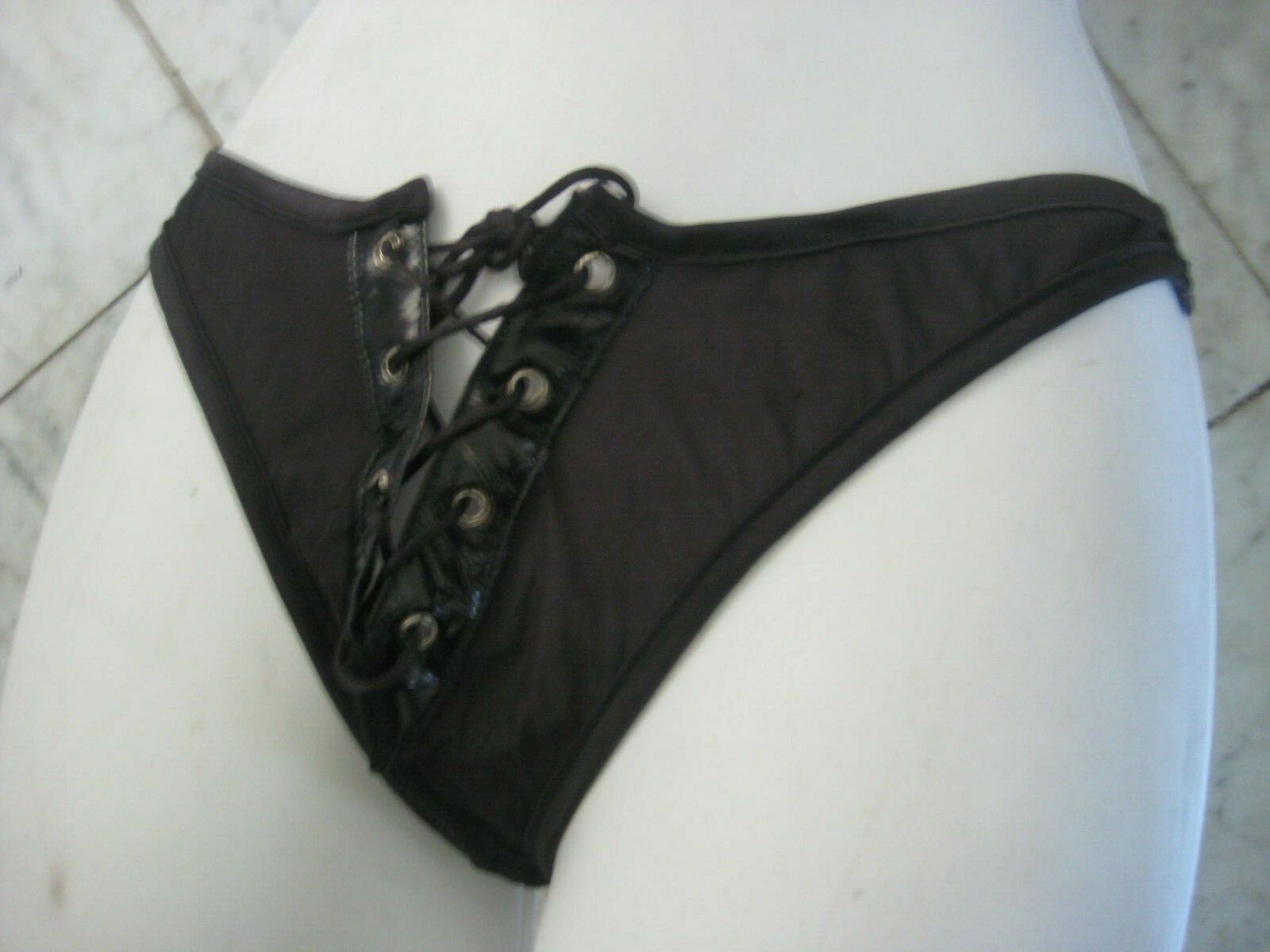 New 2 pc Black PVC / Mesh bra & thong set with Eyelets sexy FREE S&H RARE